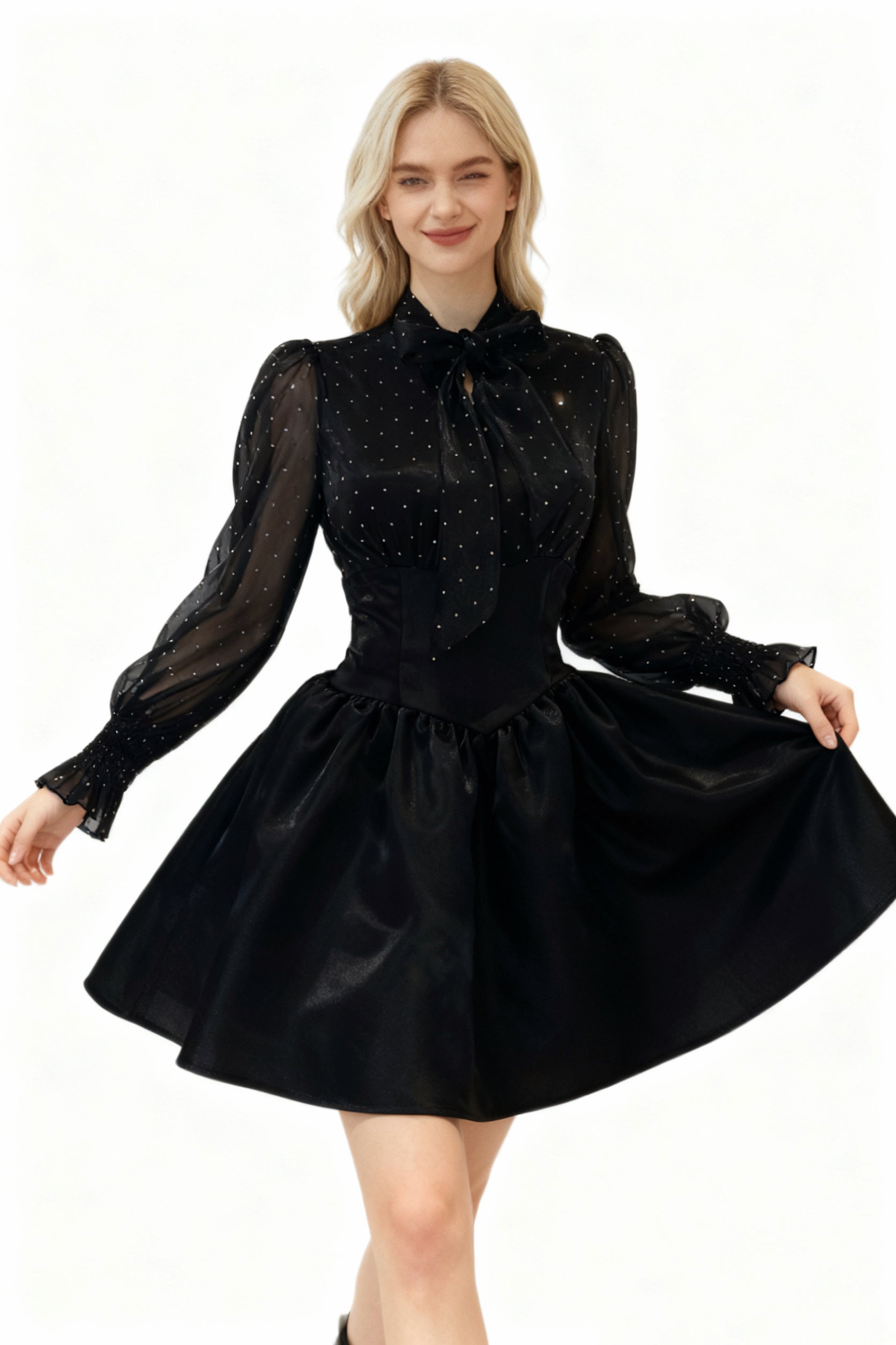 Q25 Polka-Dot Bowtie Short Dress