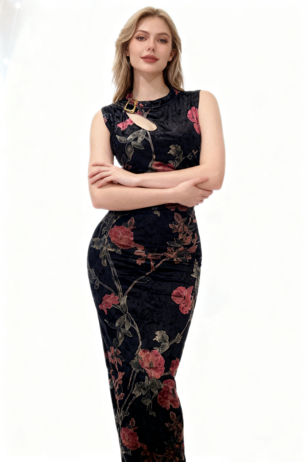 Q25 Velvet Buckle Slit Dress