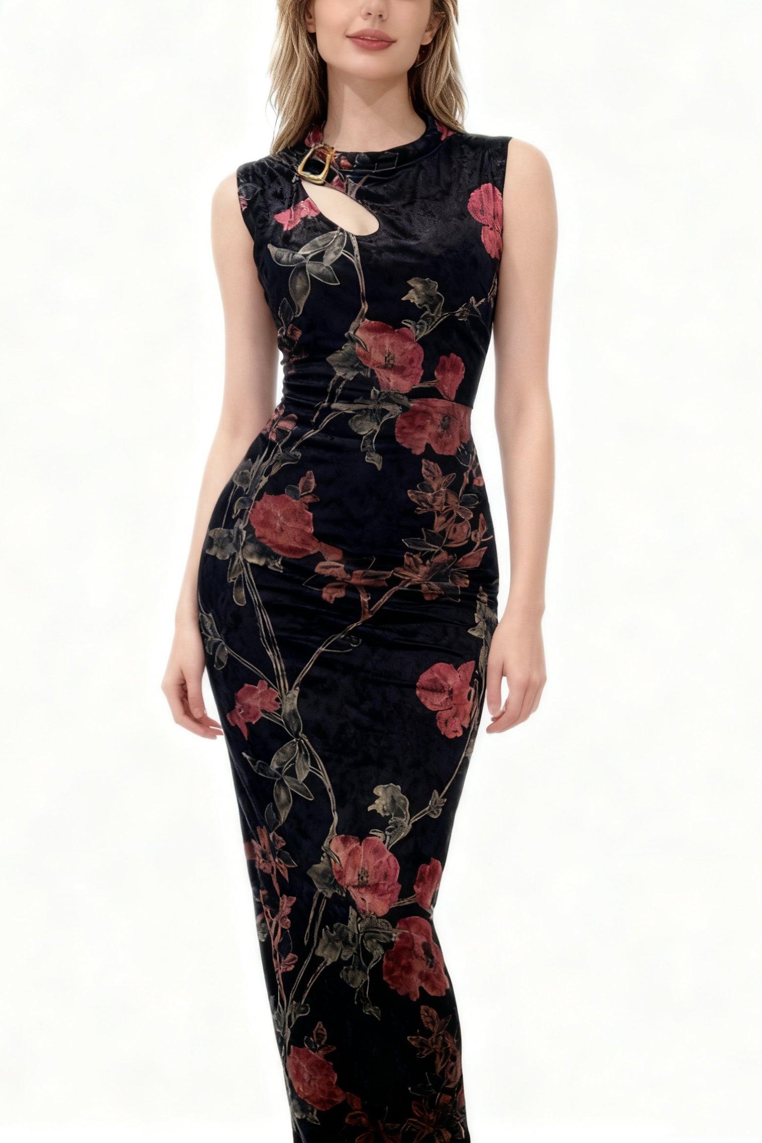 Q25 Velvet Buckle Slit Dress