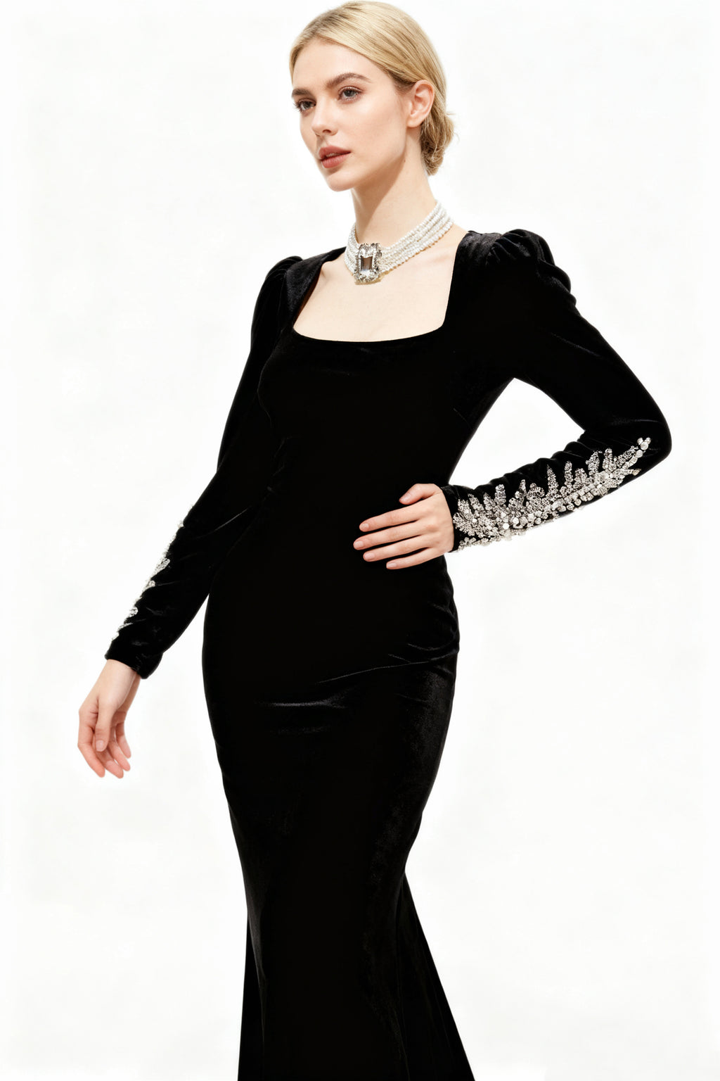 Q25 Embellished Black Velvet Gown