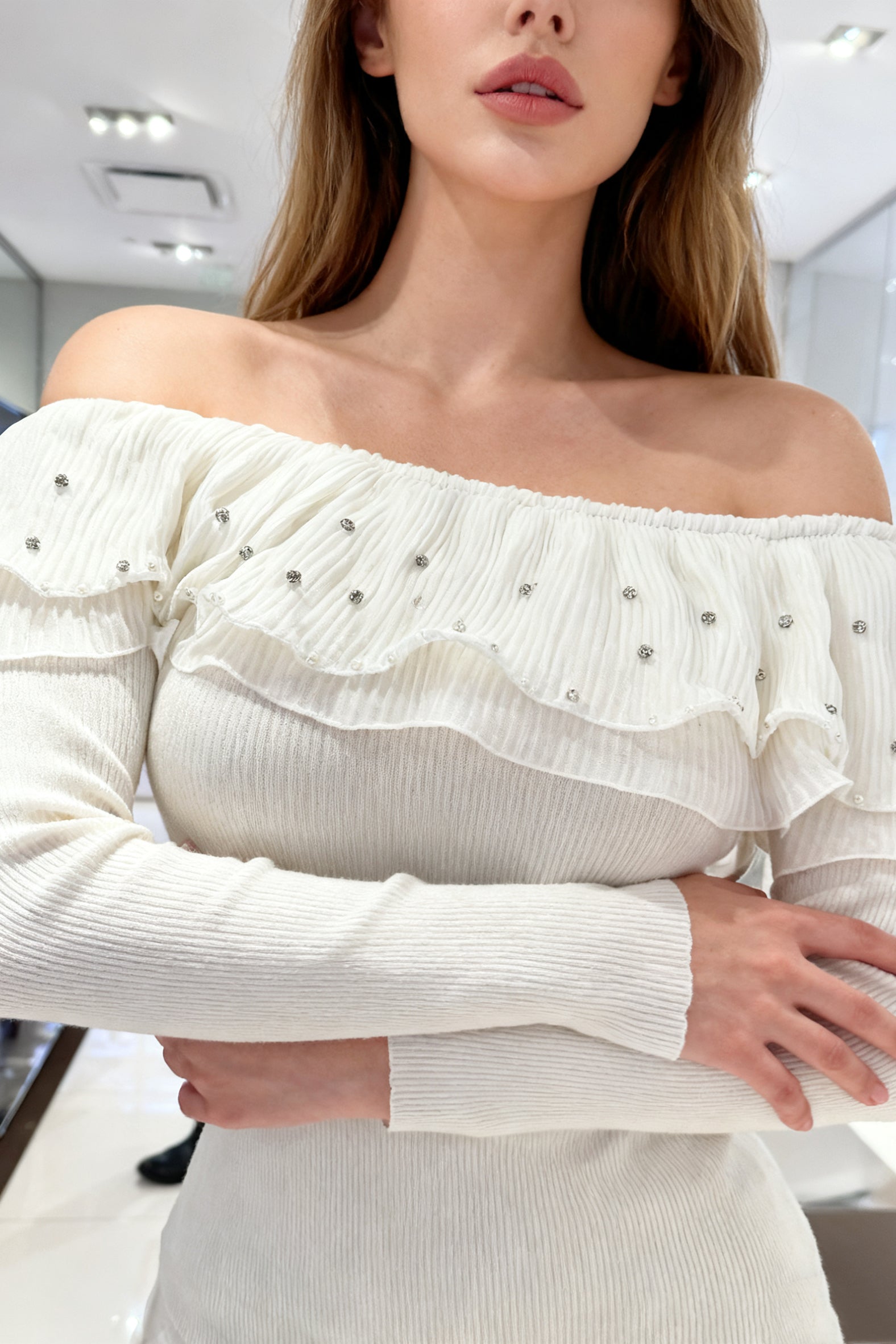 Q25 Rhinestone Ruffle Off-Shoulder Sweater Top