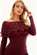 Q25 Rhinestone Ruffle Off-Shoulder Sweater Top