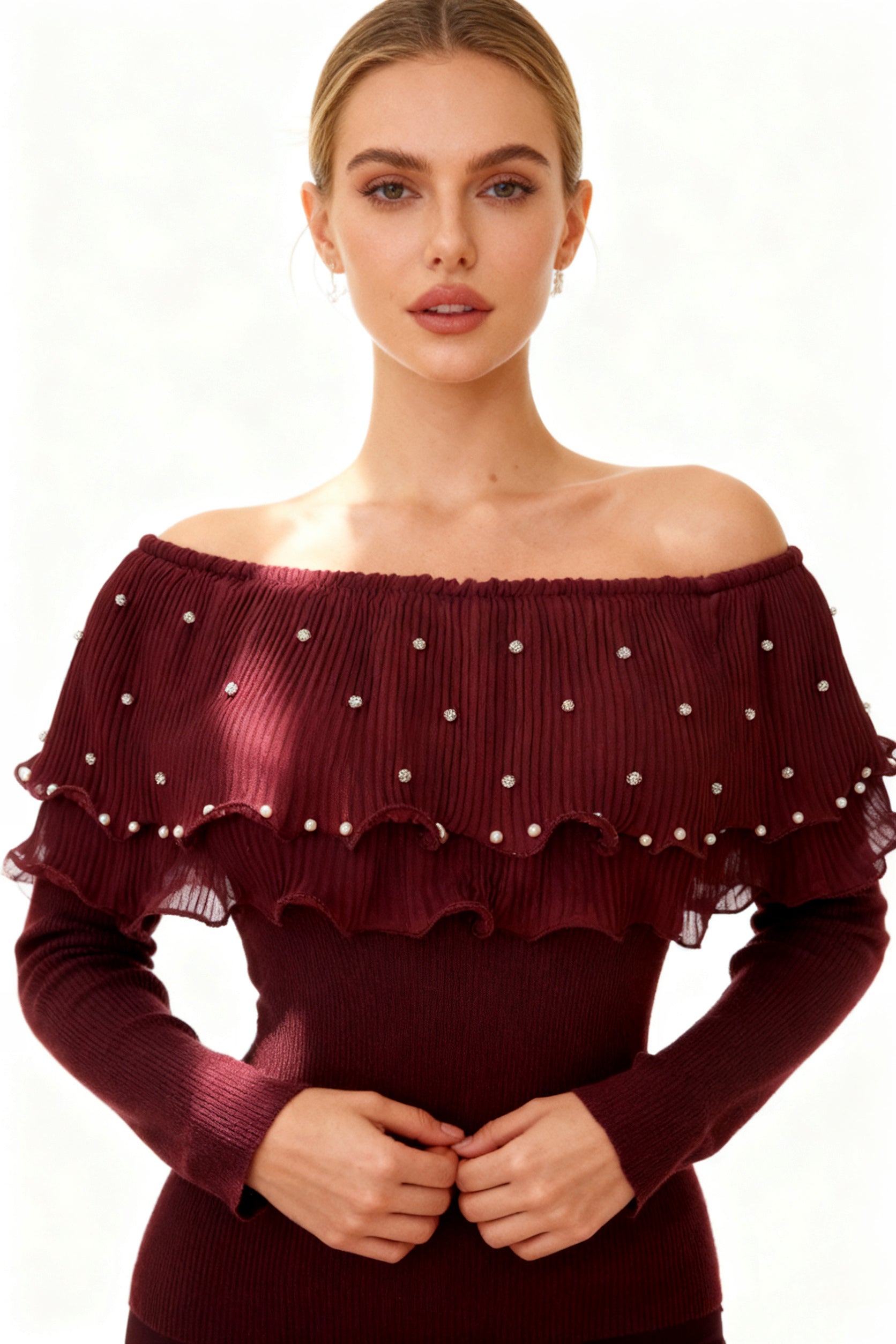 Q25 Rhinestone Ruffle Off-Shoulder Sweater Top