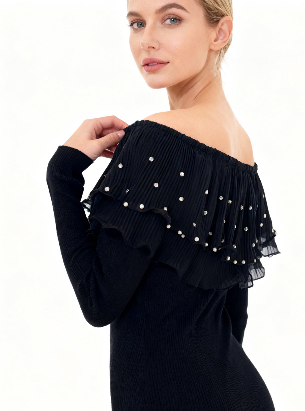 Q25 Rhinestone Ruffle Off-Shoulder Sweater Top