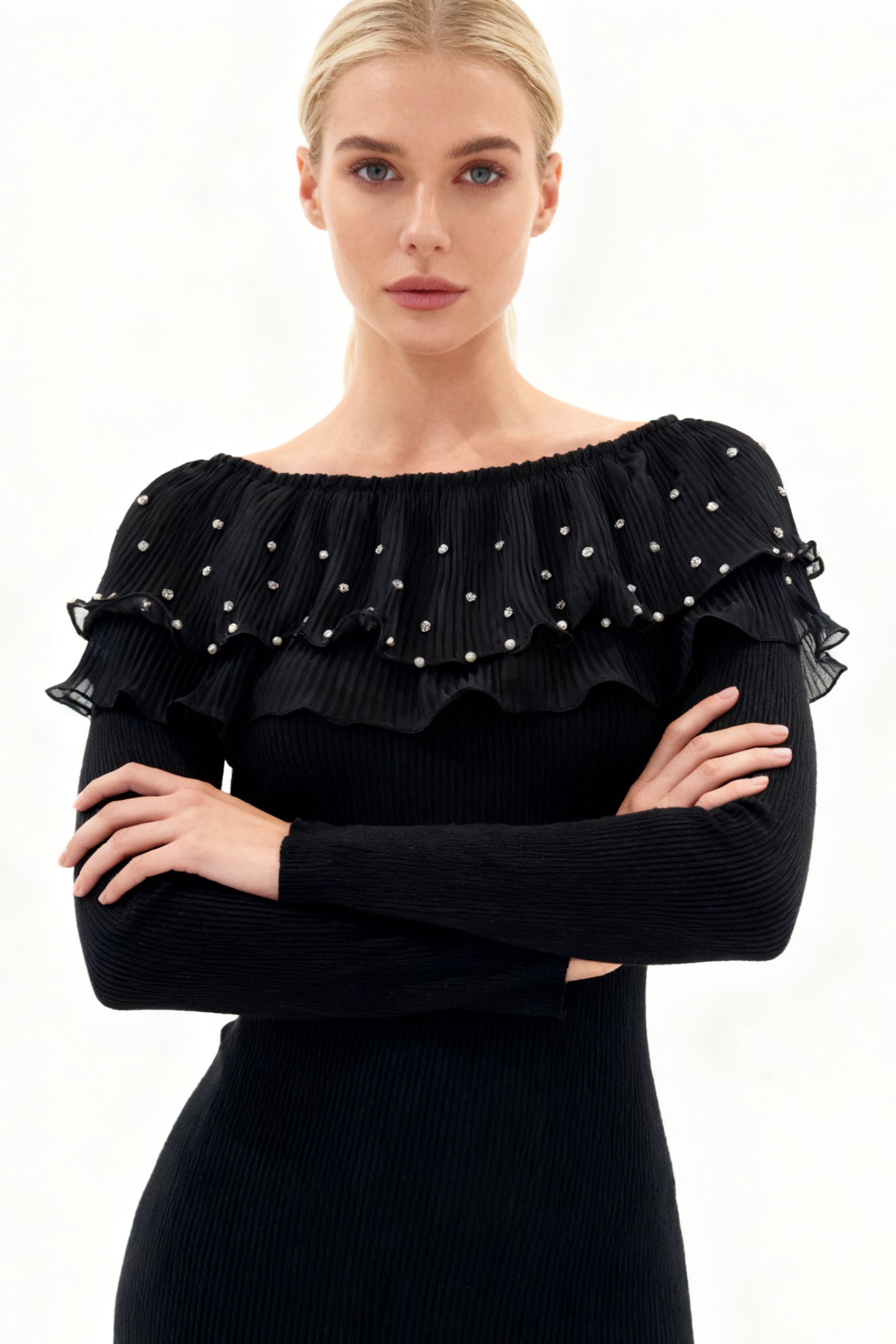 Q25 Rhinestone Ruffle Off-Shoulder Sweater Top