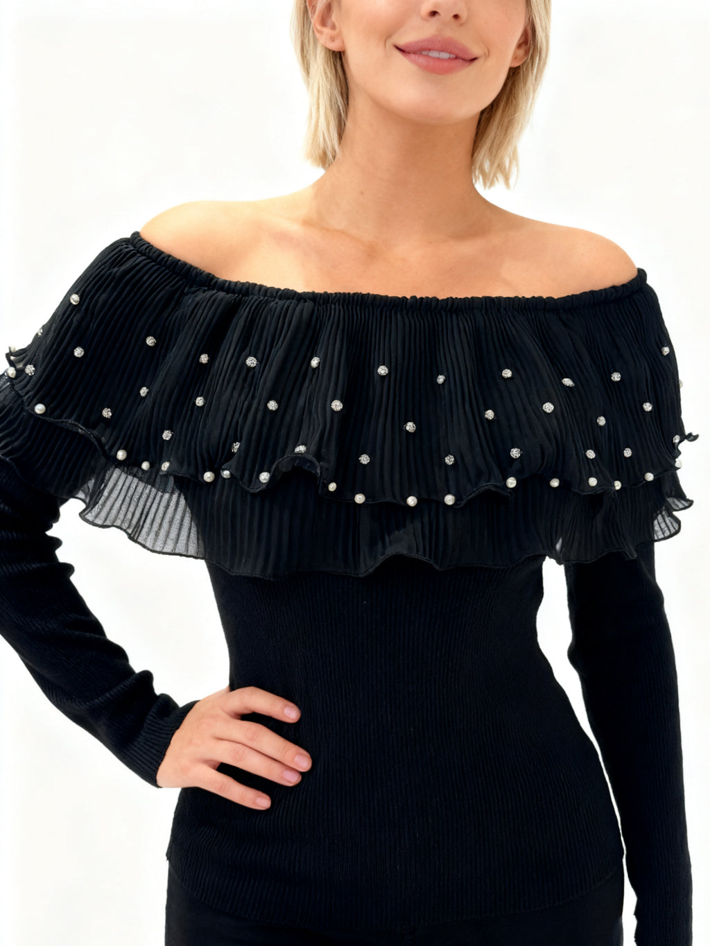 Q25 Rhinestone Ruffle Off-Shoulder Sweater Top