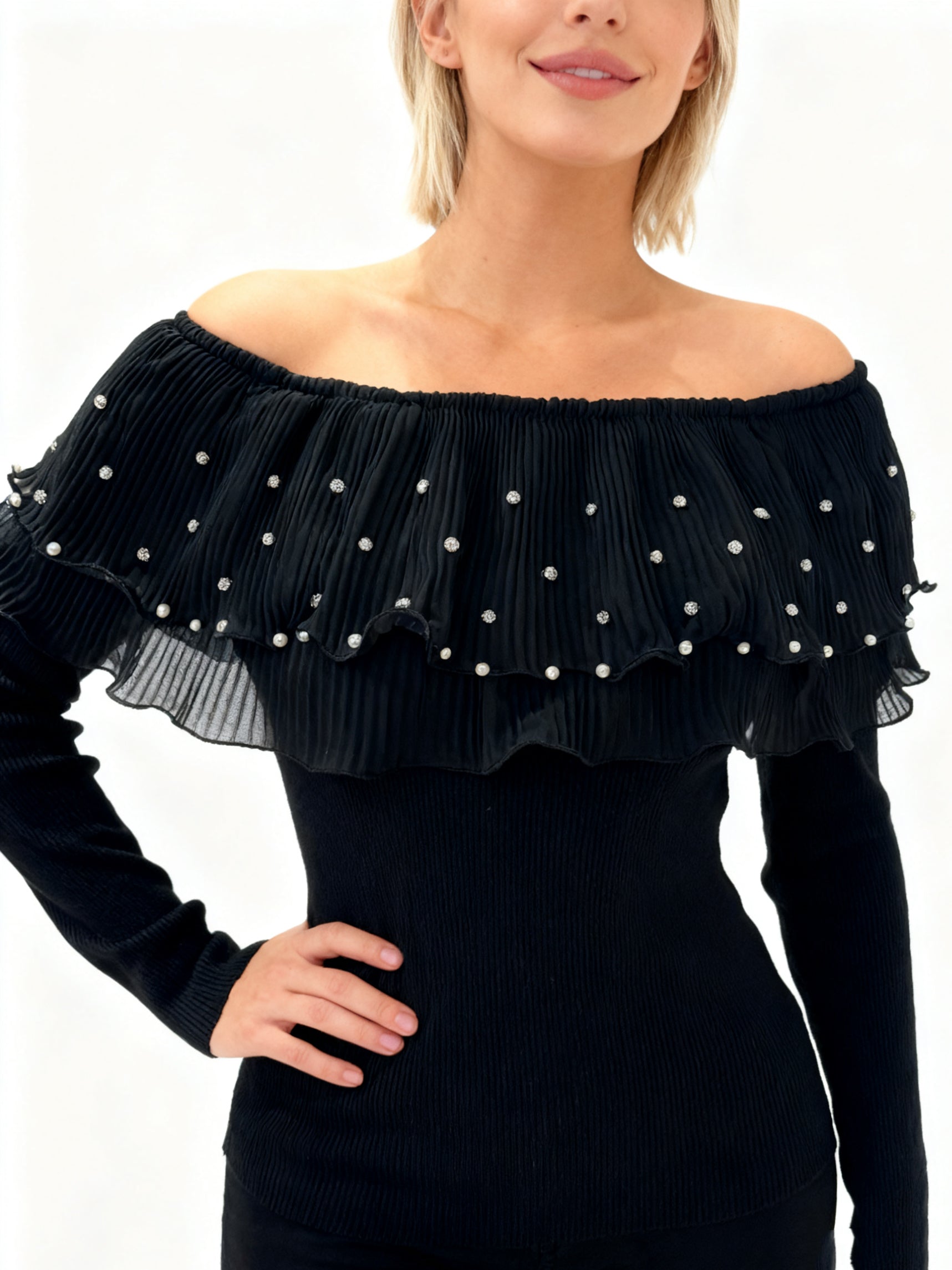 Q25 Rhinestone Ruffle Off-Shoulder Sweater Top