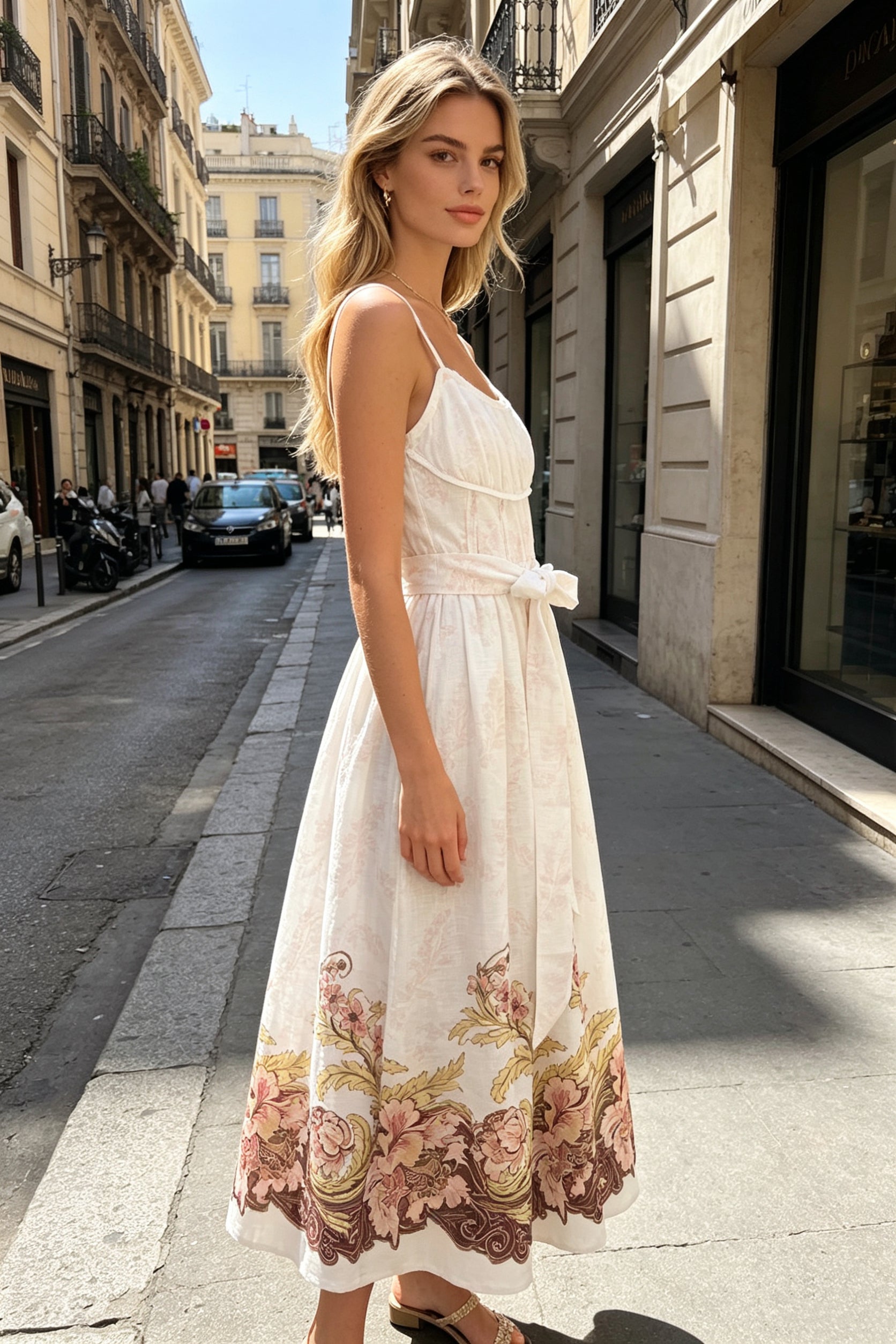 Q26 Garden Border Print Linen Long Dress