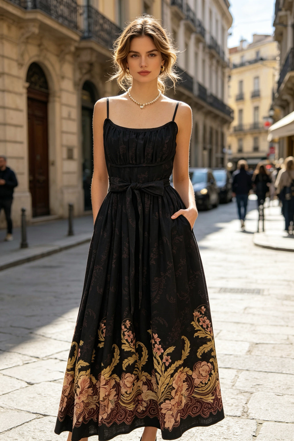 Q26 Garden Border Print Linen Long Dress