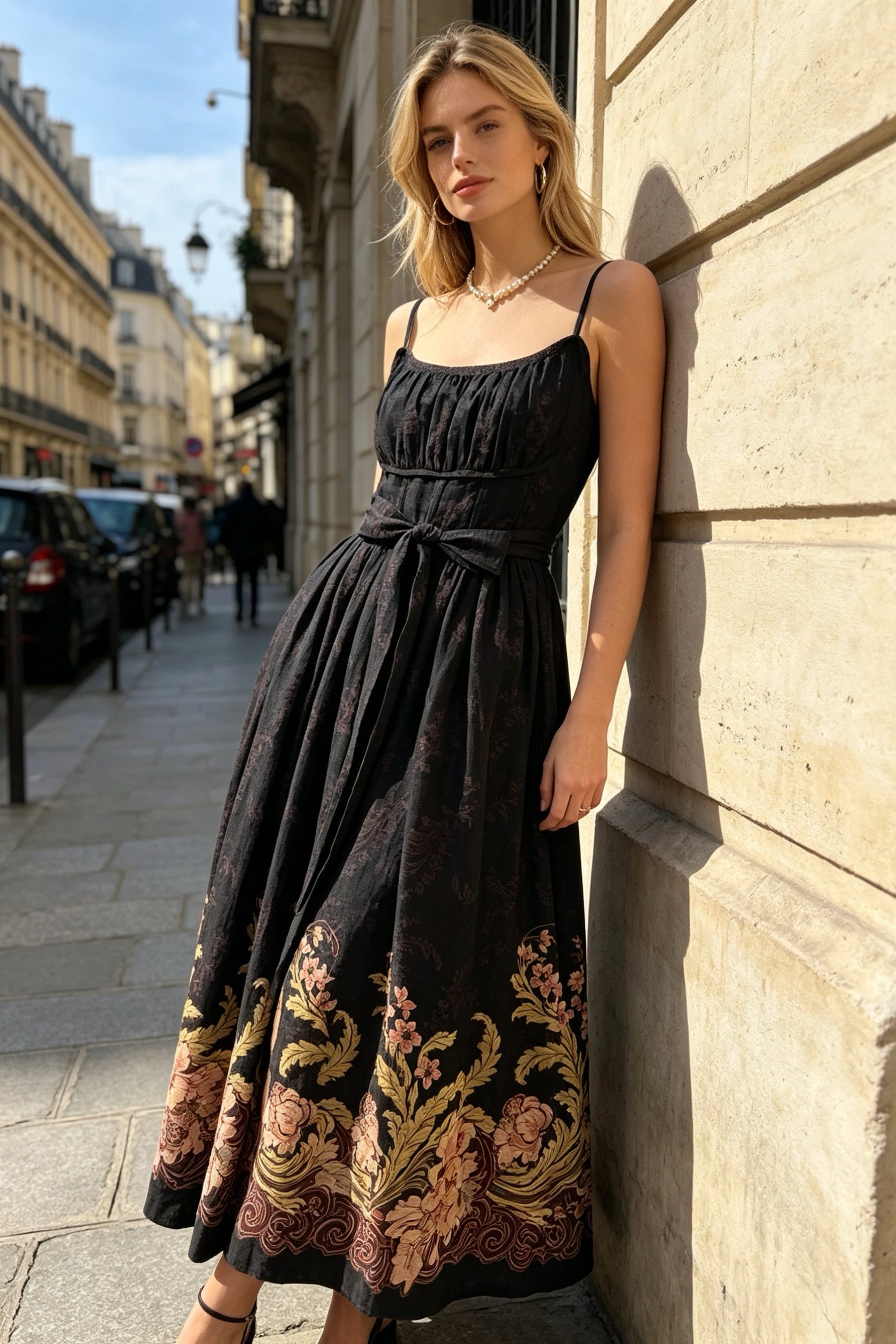 Q26 Garden Border Print Linen Long Dress