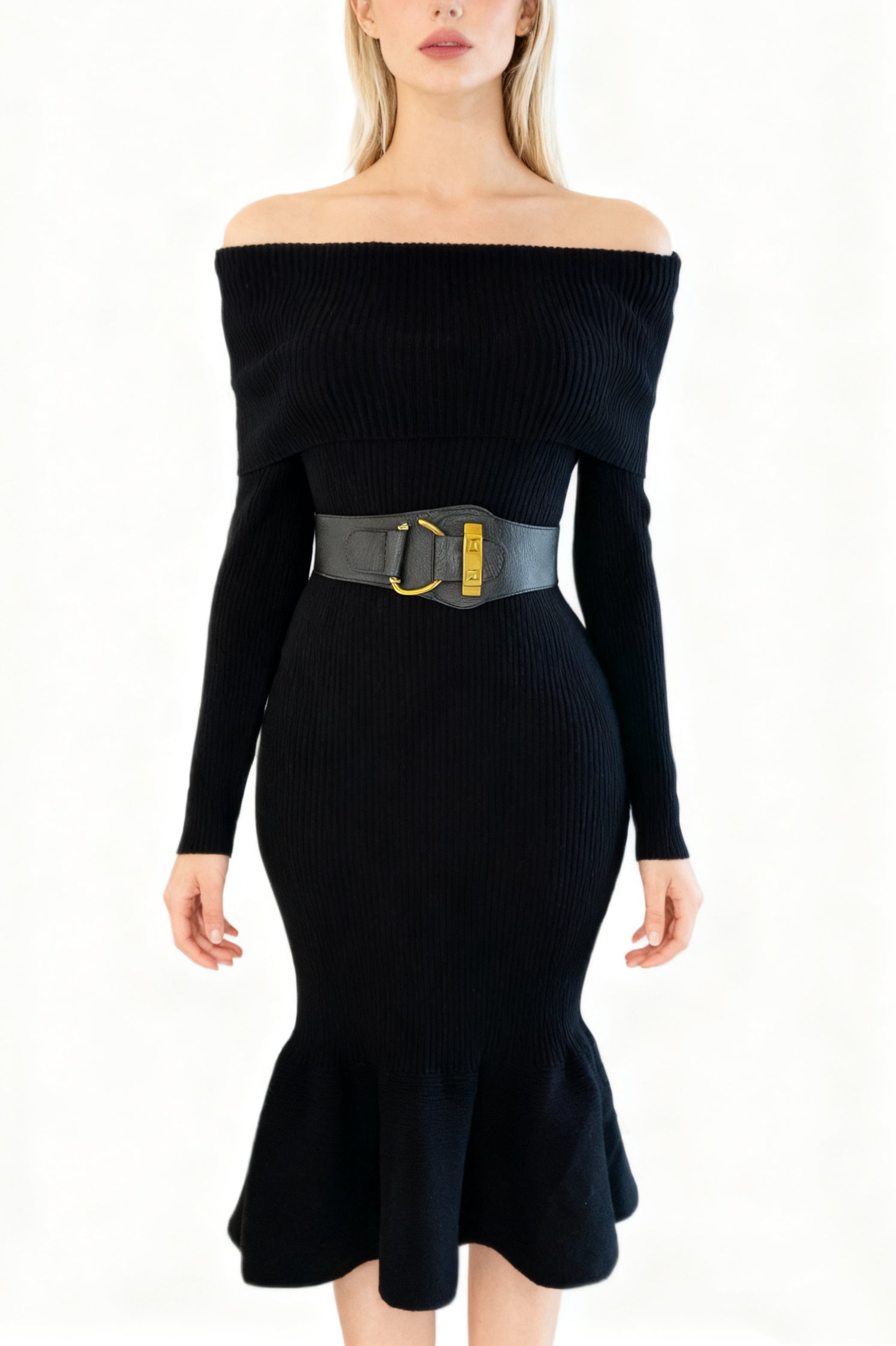 Q25 Off-Shoulder Mermaid Sweater Dress with Belt