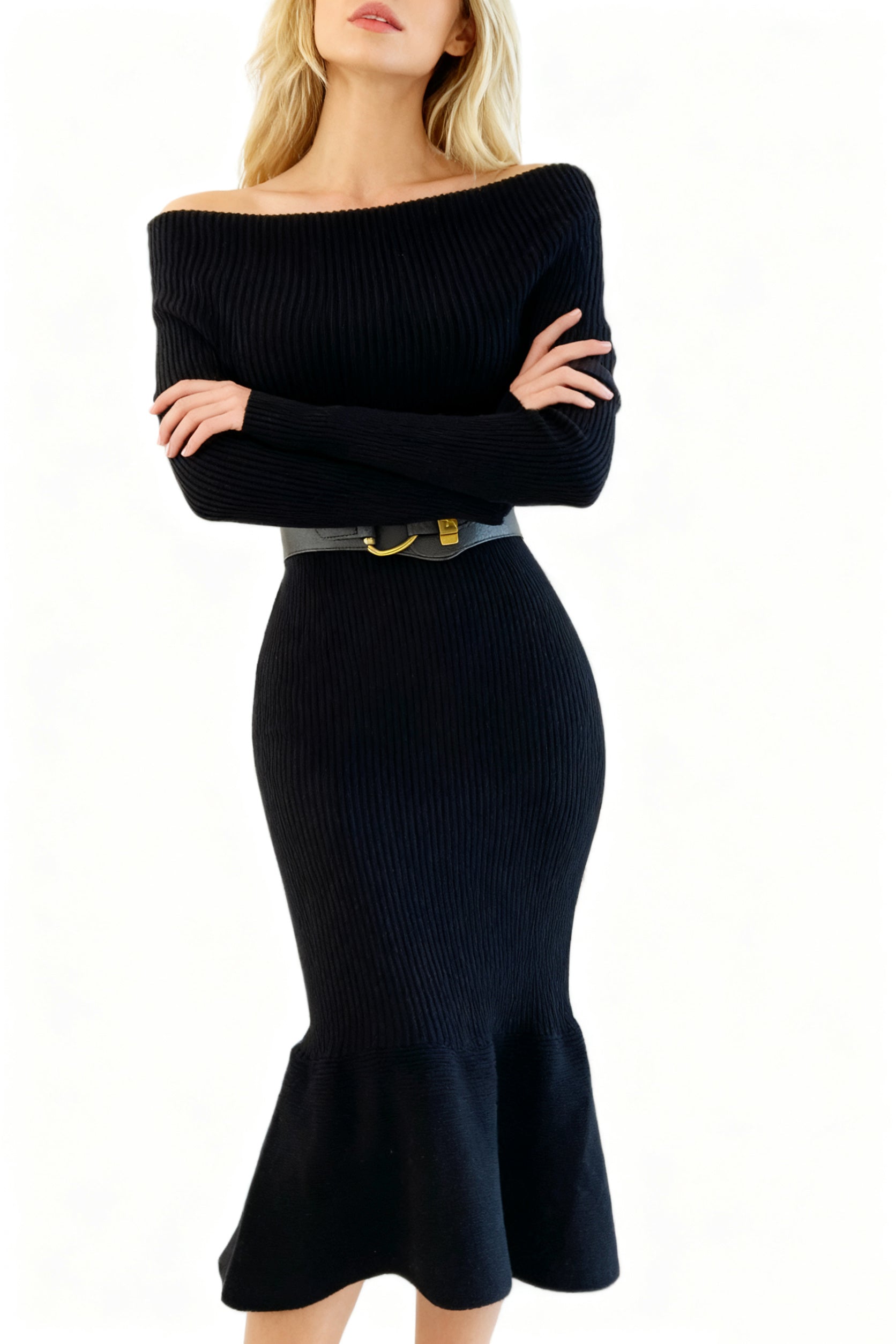 Q25 Off-Shoulder Mermaid Sweater Dress with Belt – Queenia Fashion