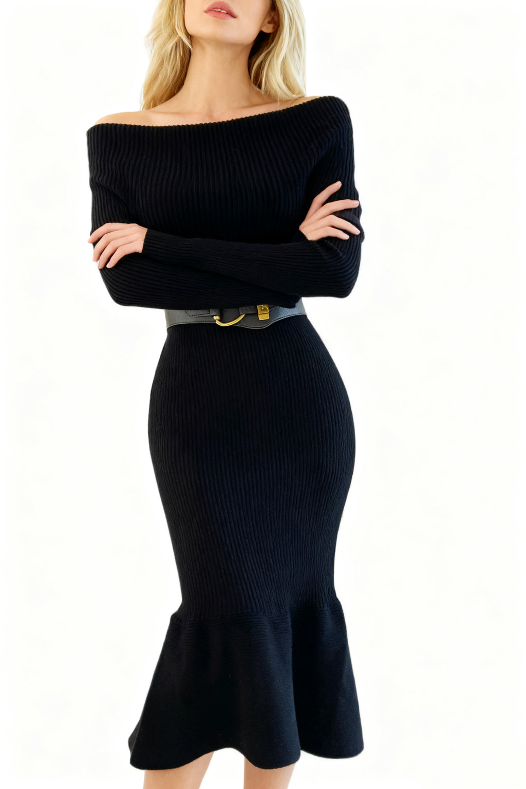 Q25 Off-Shoulder Mermaid Sweater Dress with Belt