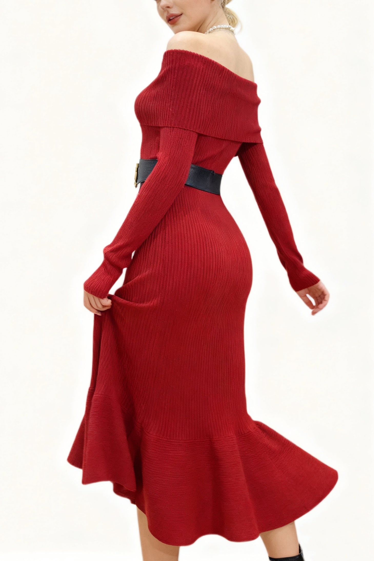 Q25 Off-Shoulder Mermaid Sweater Dress with Belt