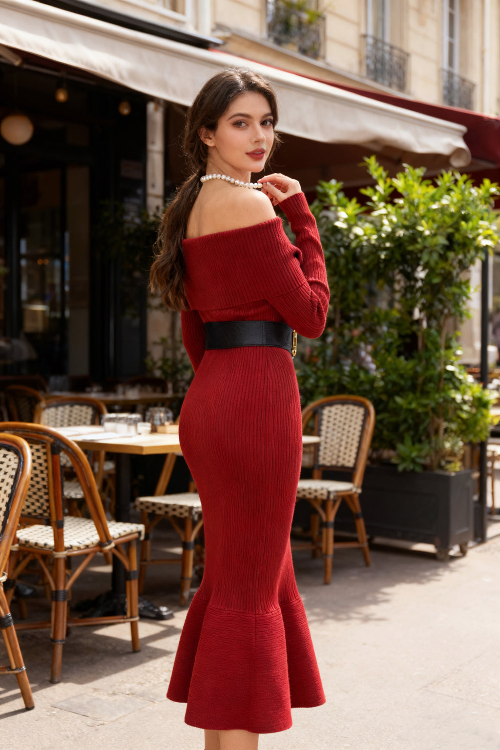 Q25 Off-Shoulder Mermaid Sweater Dress with Belt