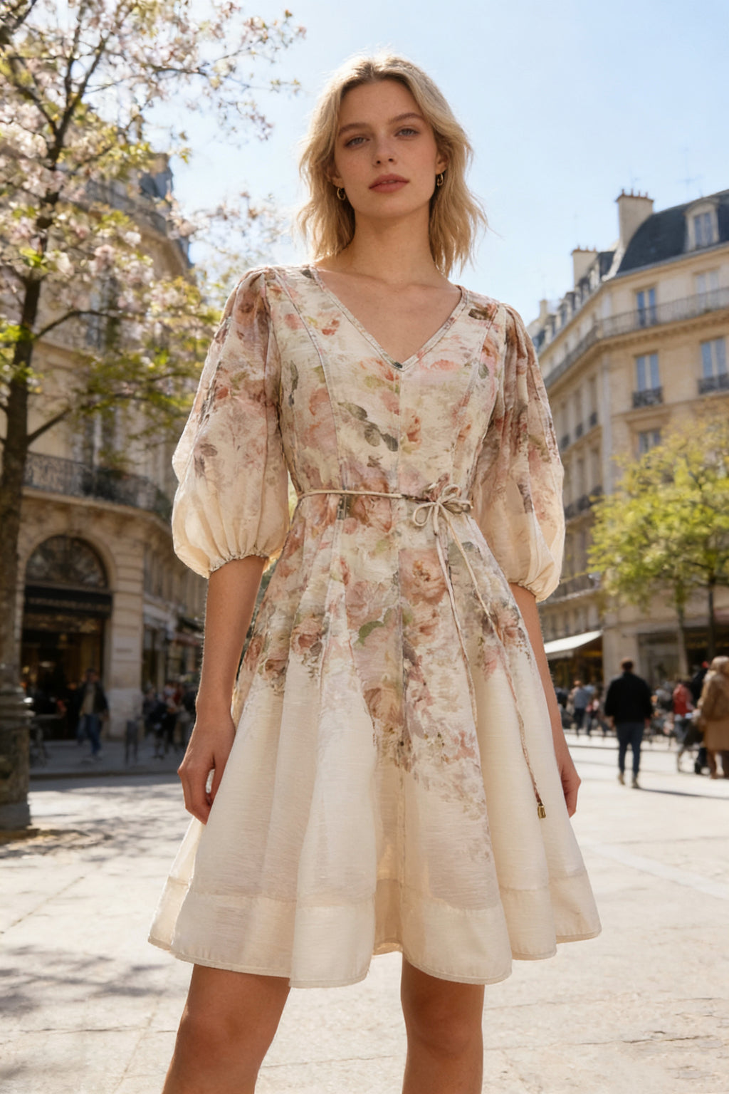 Q26 Floral Linen V-Neck Dress with Puffy Sleeves