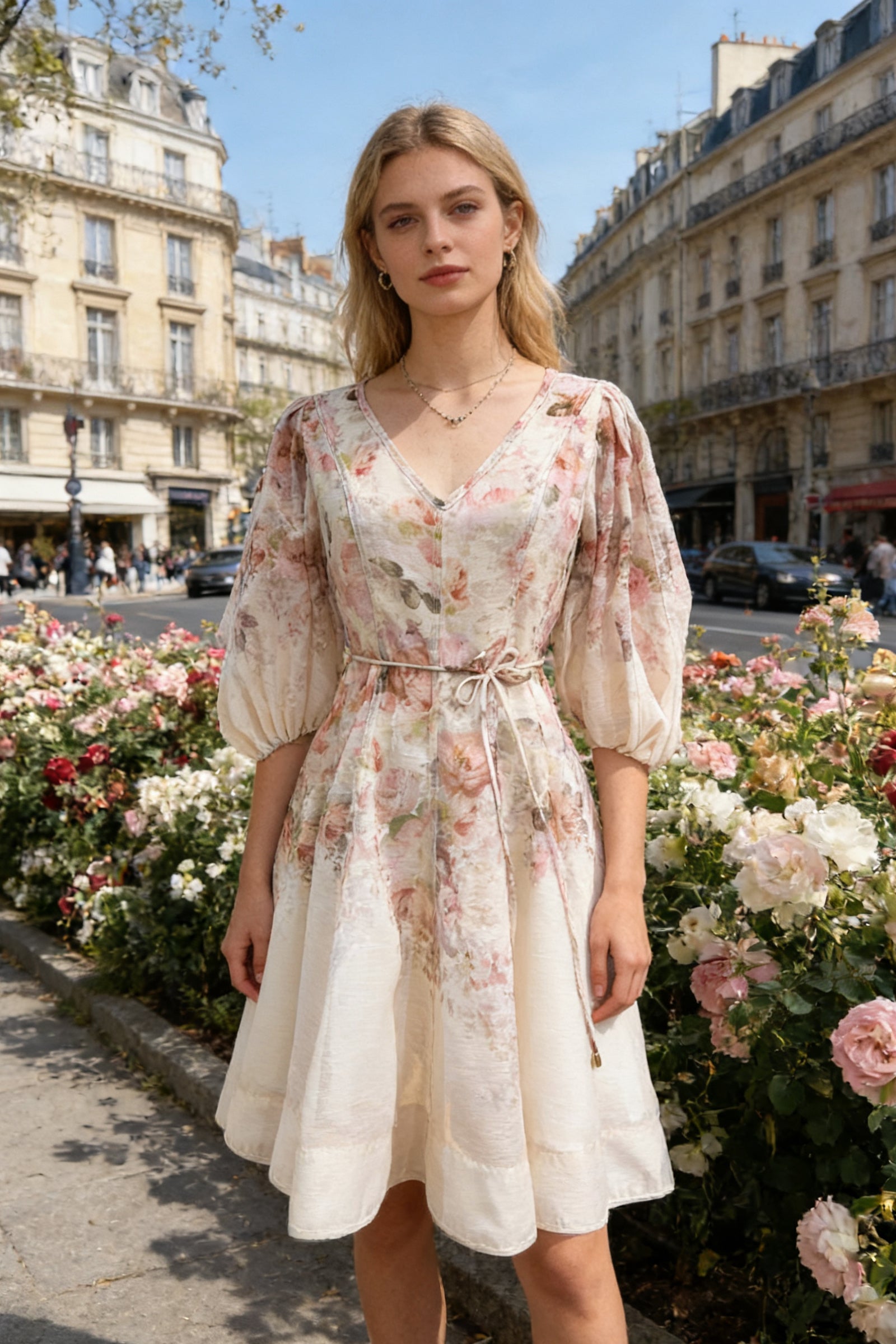 Q26 Floral Linen V-Neck Dress with Puffy Sleeves