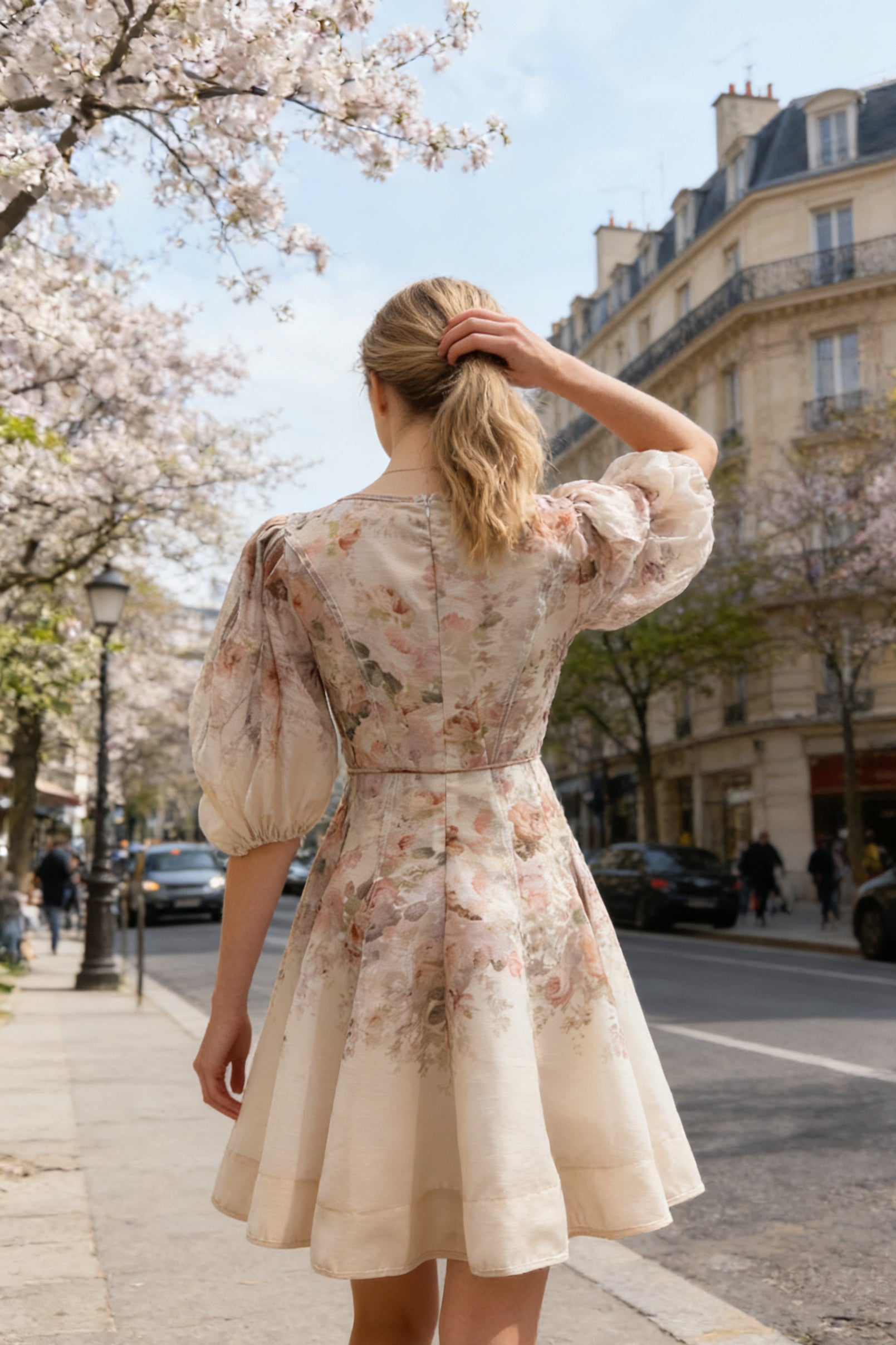 Q26 Floral Linen V-Neck Dress with Puffy Sleeves
