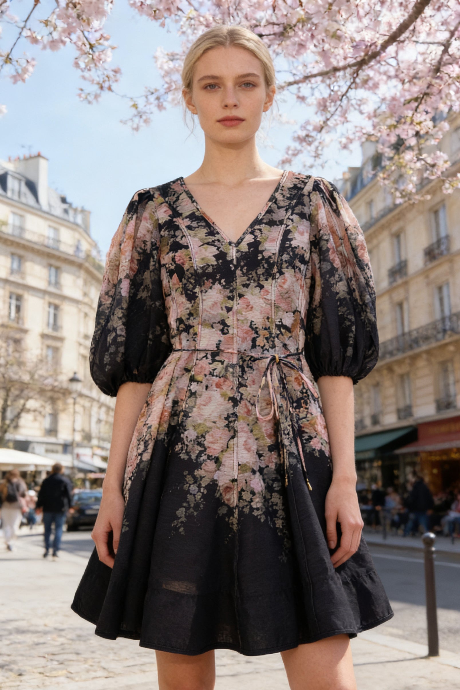 Q26 Floral Linen V-Neck Dress with Puffy Sleeves