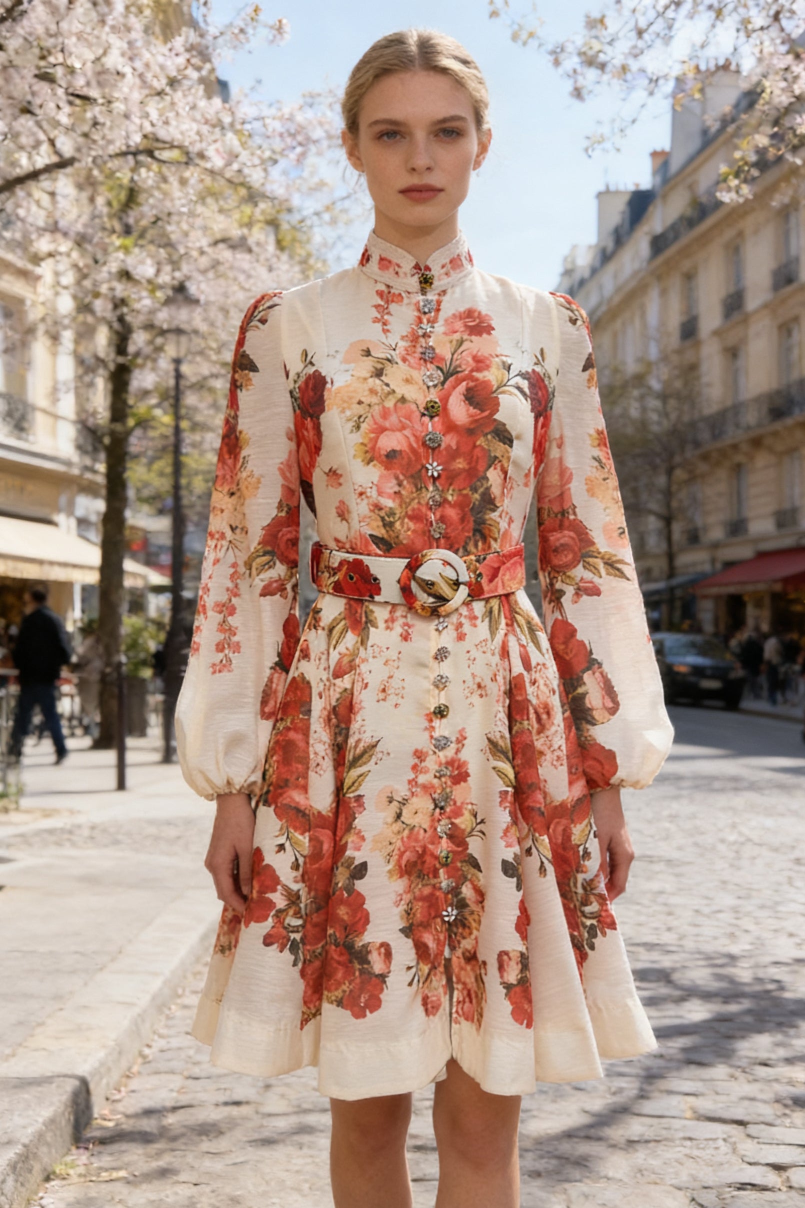 Q26 Garden Floral Linen Dress with Long Puffy Sleeves