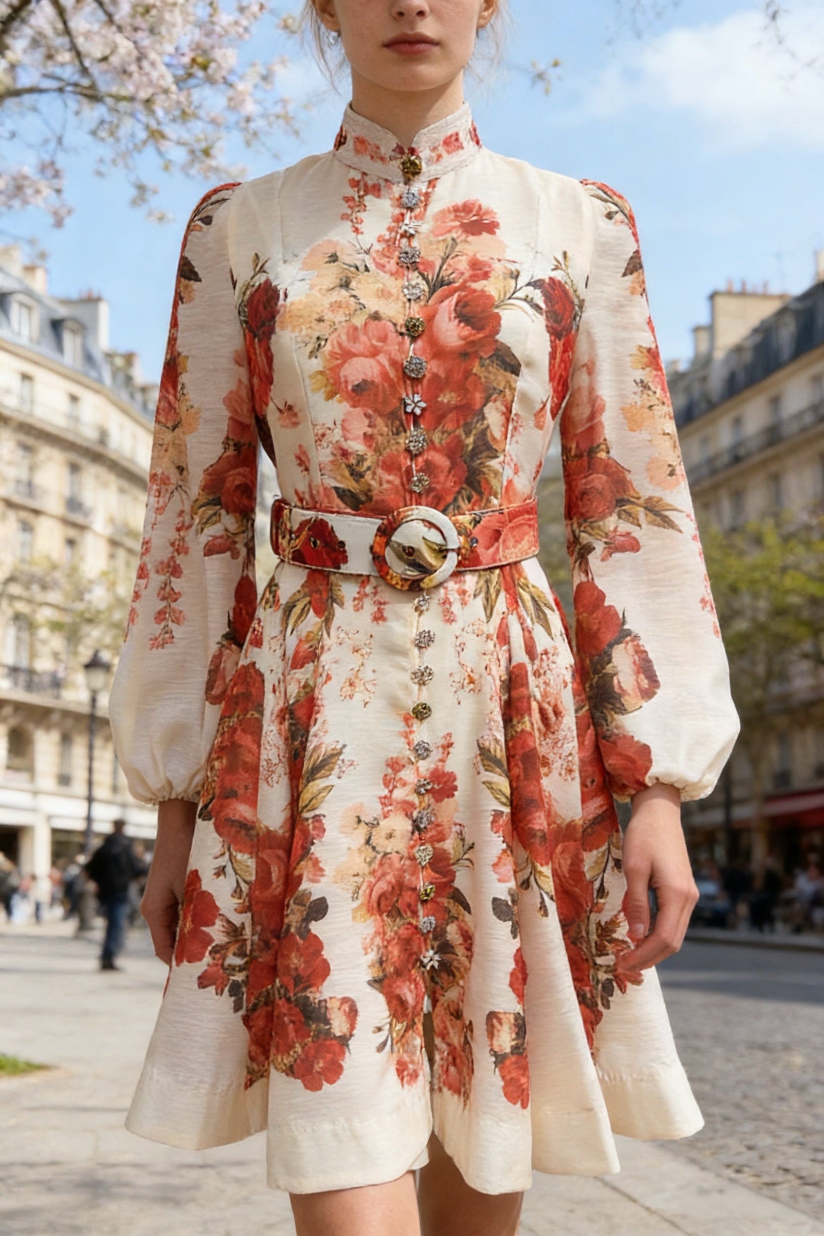 Q26 Garden Floral Linen Dress with Long Puffy Sleeves