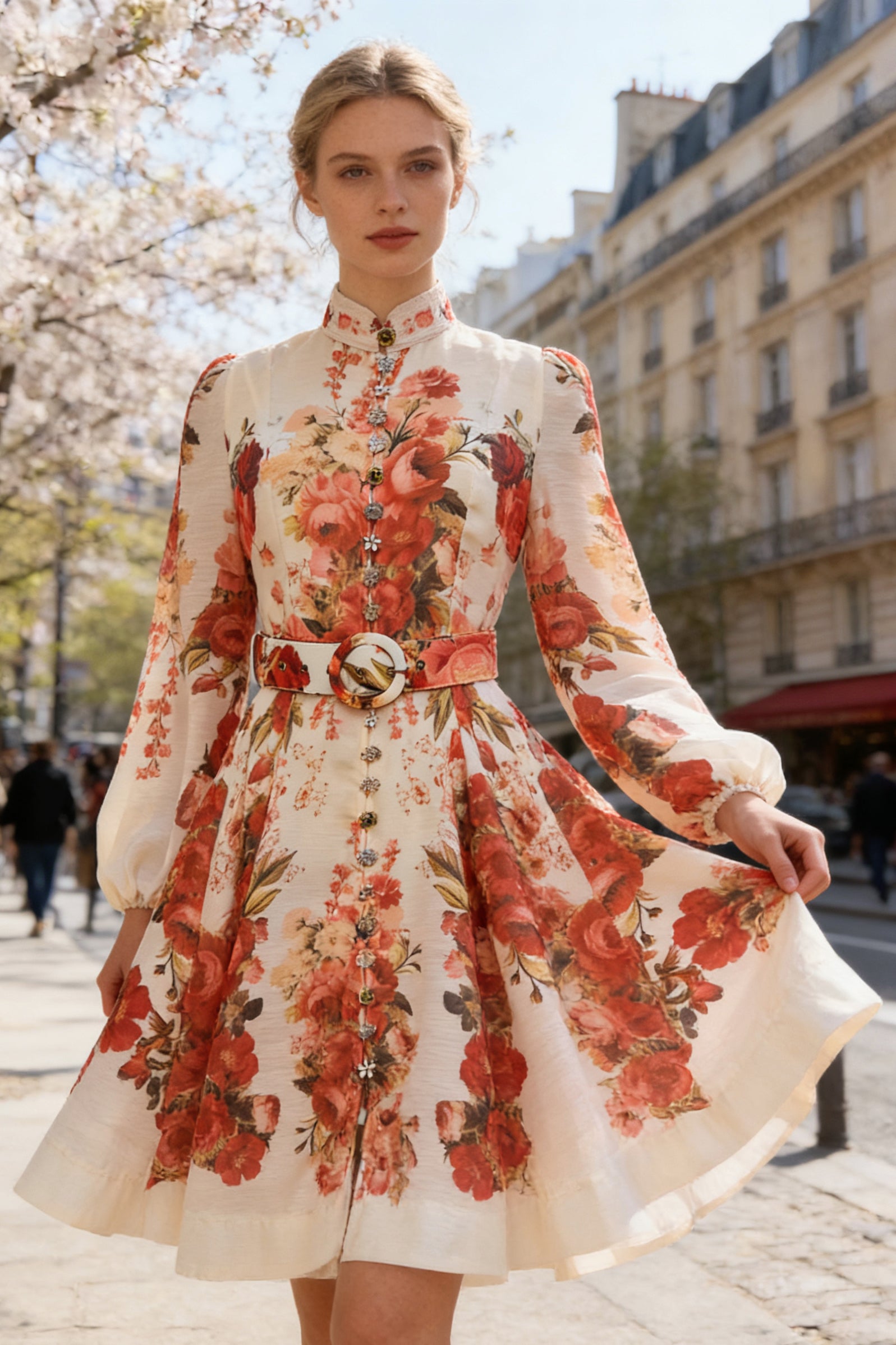 Q26 Garden Floral Linen Dress with Long Puffy Sleeves