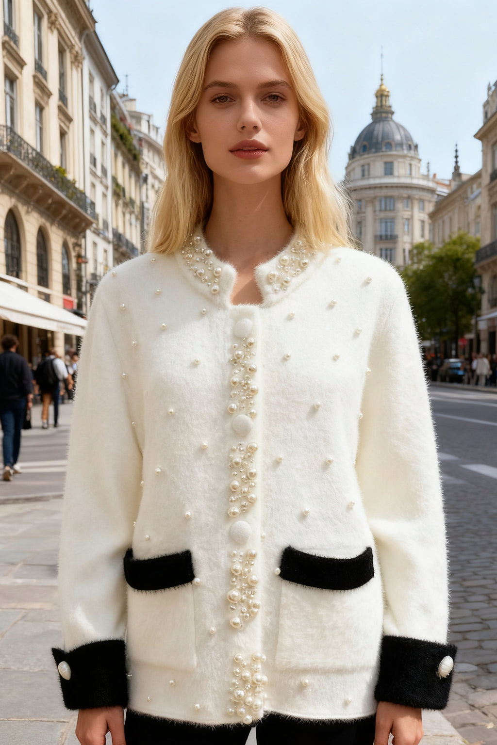 Q25 Cashmere Mink Cardigan Top with Pearls