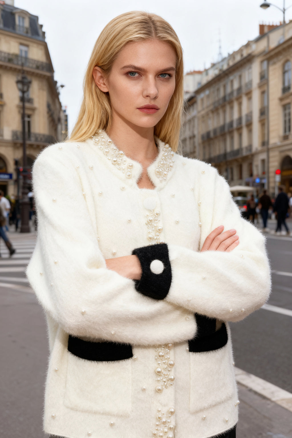 Q25 Cashmere Mink Cardigan Top with Pearls