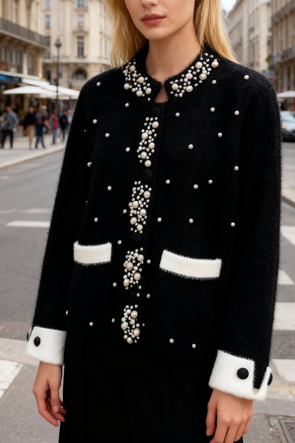 Q25 Cashmere Mink Cardigan Top with Pearls