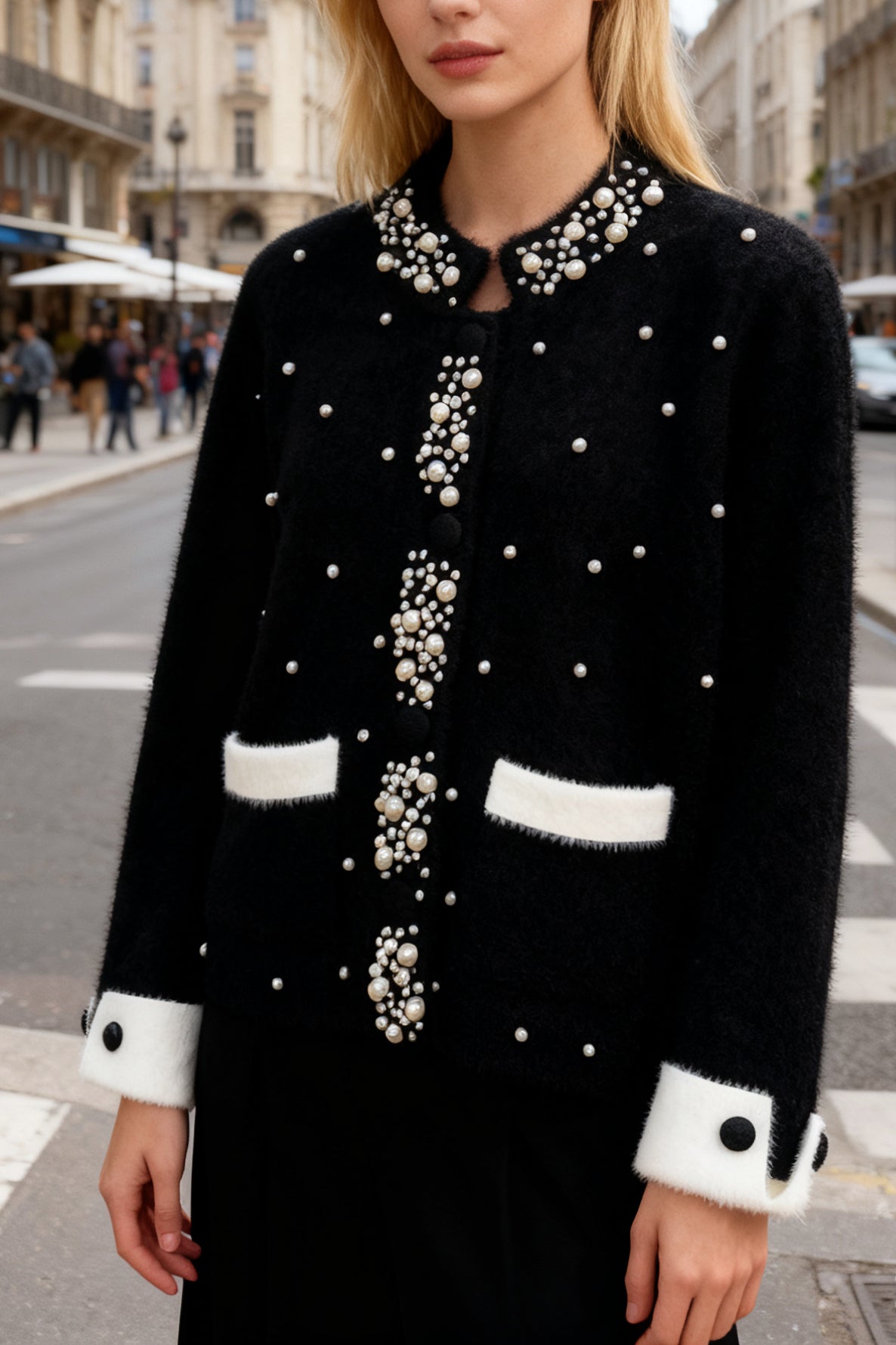 Q25 Cashmere Mink Cardigan Top with Pearls