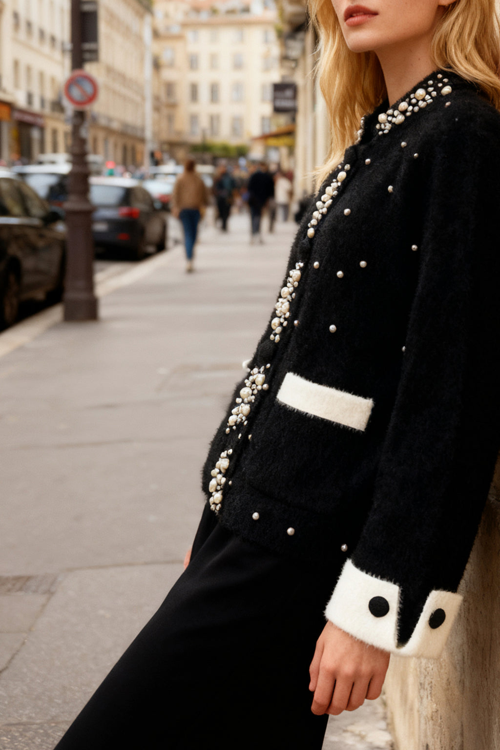 Q25 Cashmere Mink Cardigan Top with Pearls
