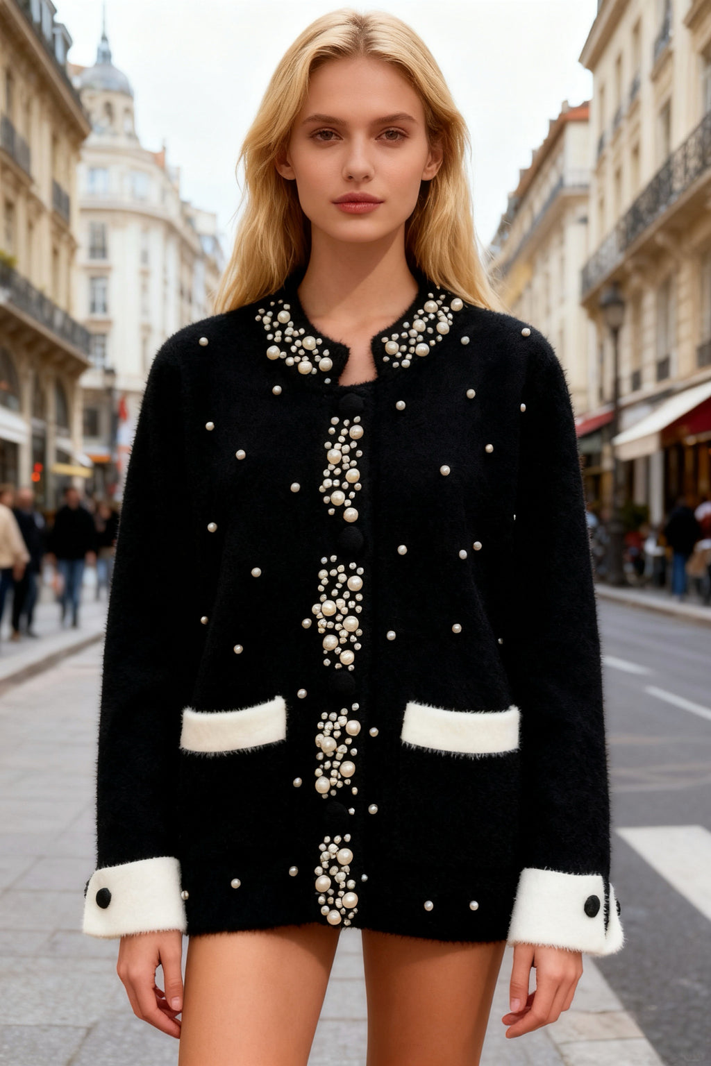 Q25 Cashmere Mink Cardigan Top with Pearls