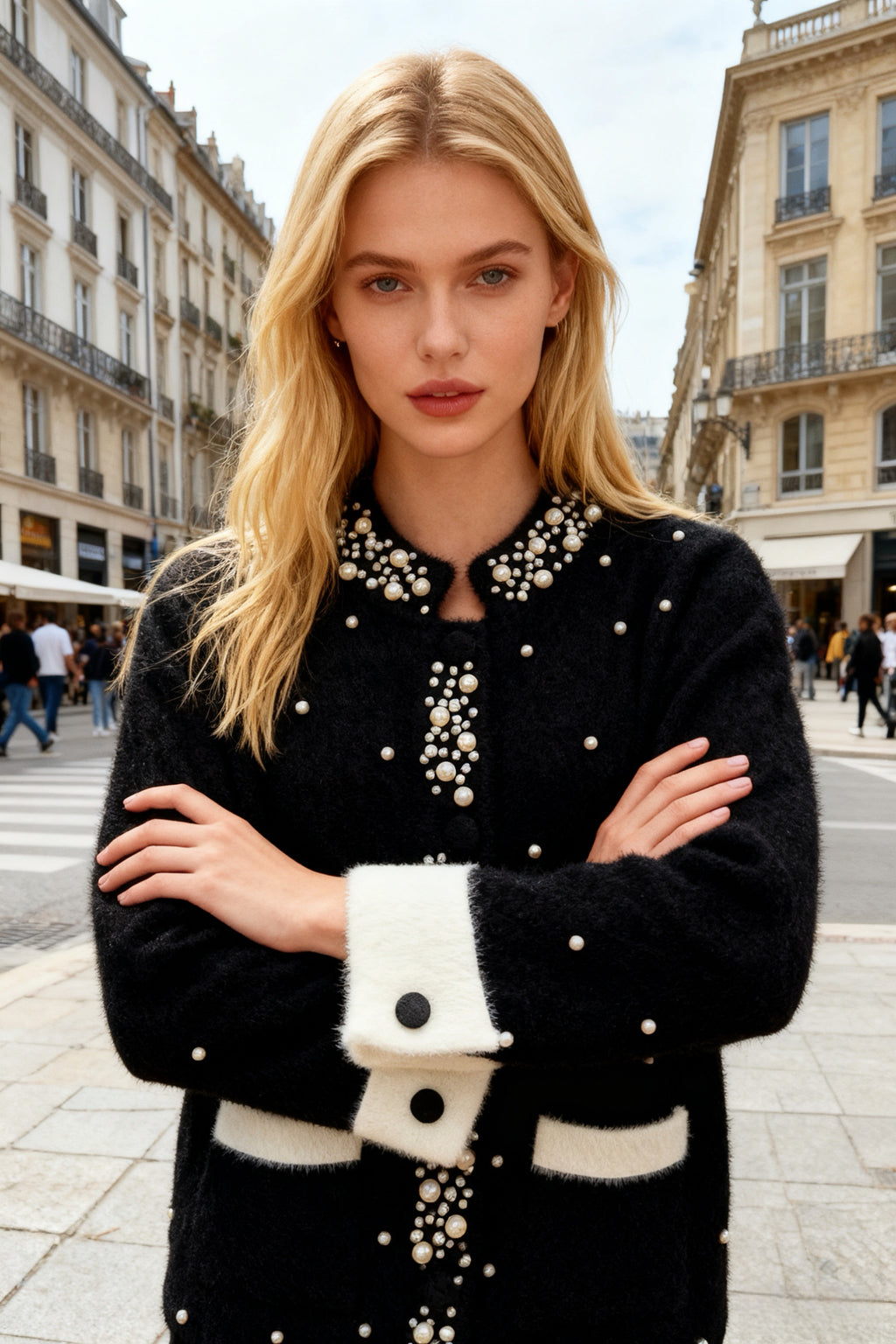 Q25 Cashmere Mink Cardigan Top with Pearls