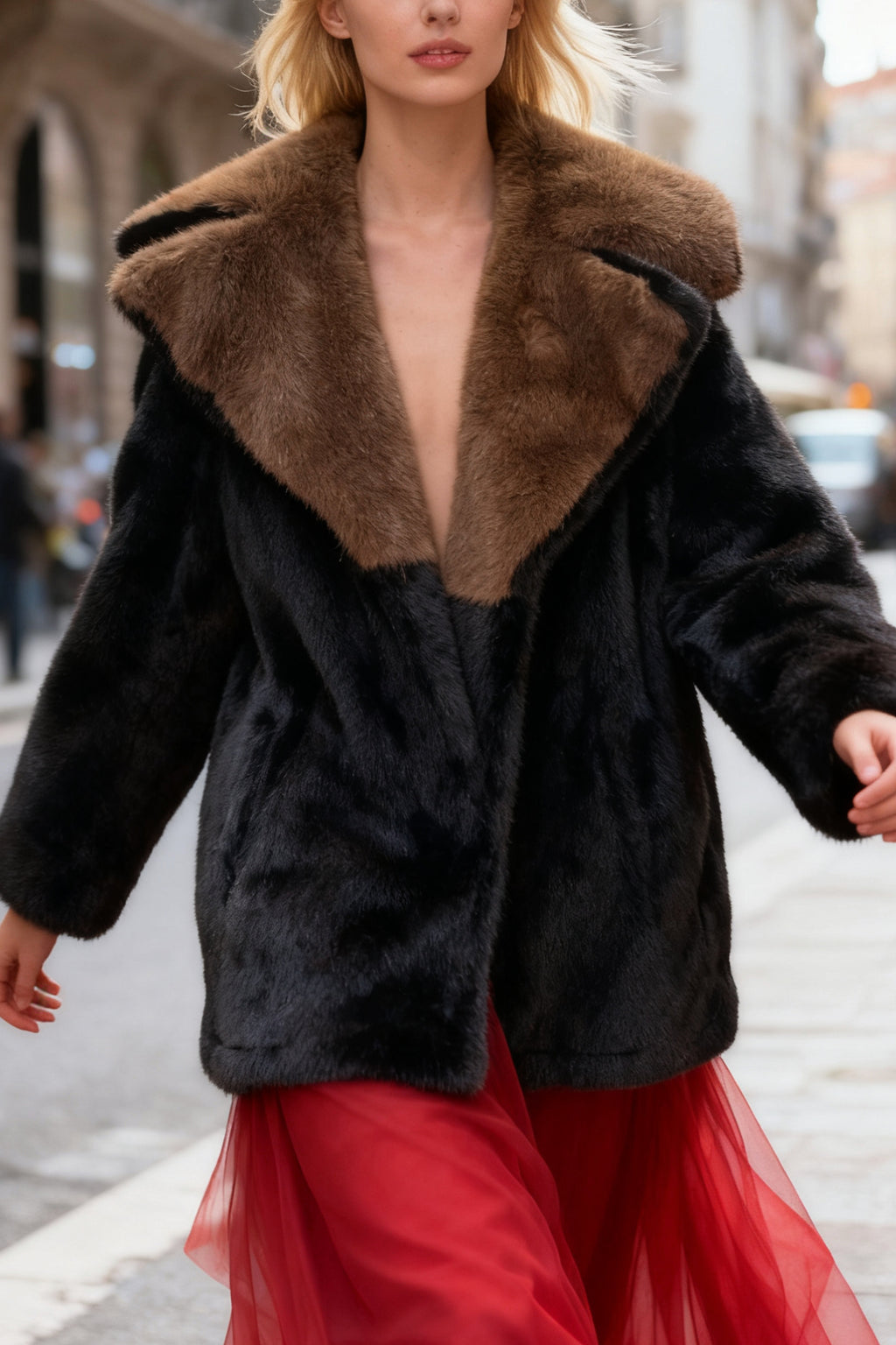 Q25 Vegan Fur Brown & Black Blazer Coat