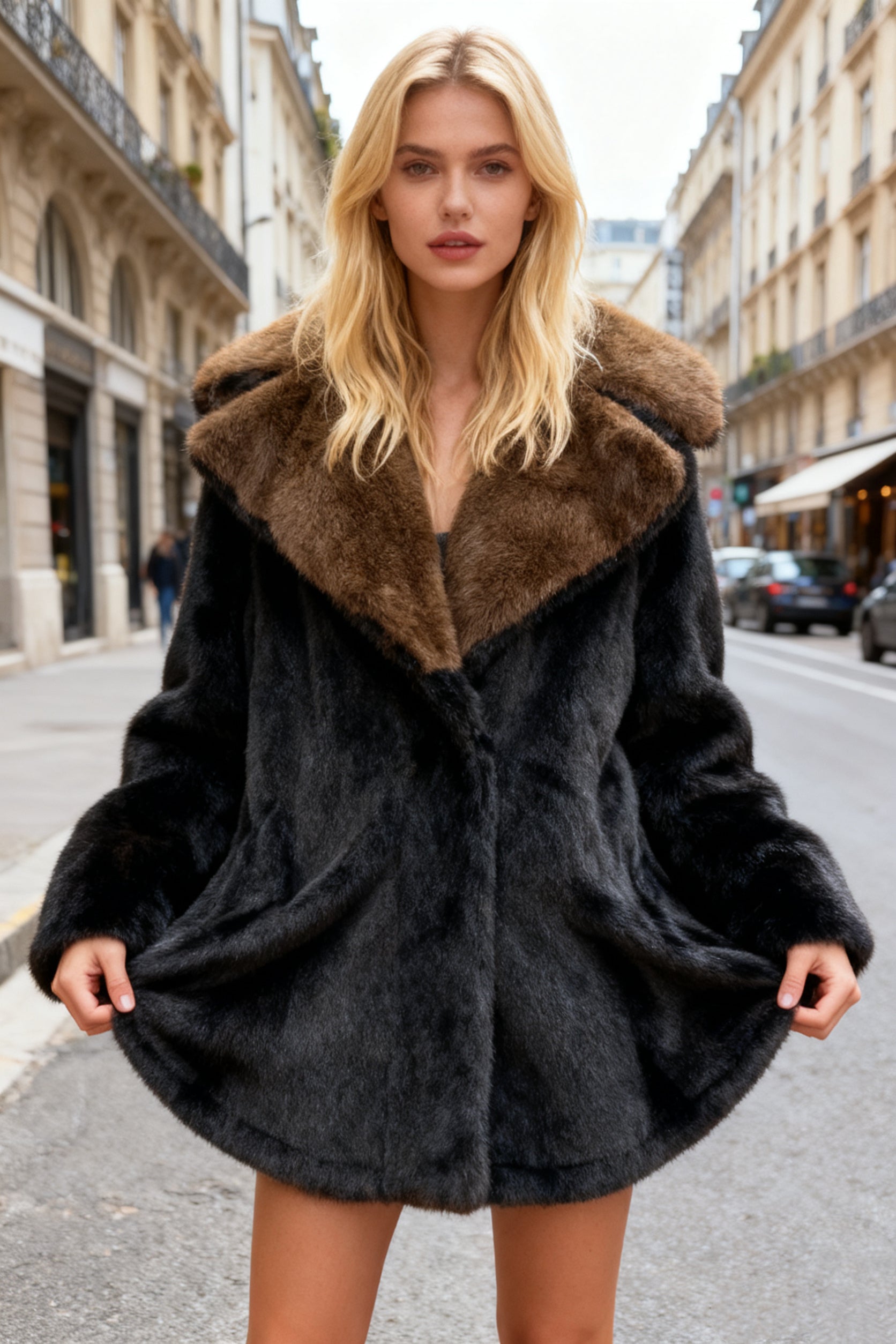 Q25 Vegan Fur Brown & Black Blazer Coat
