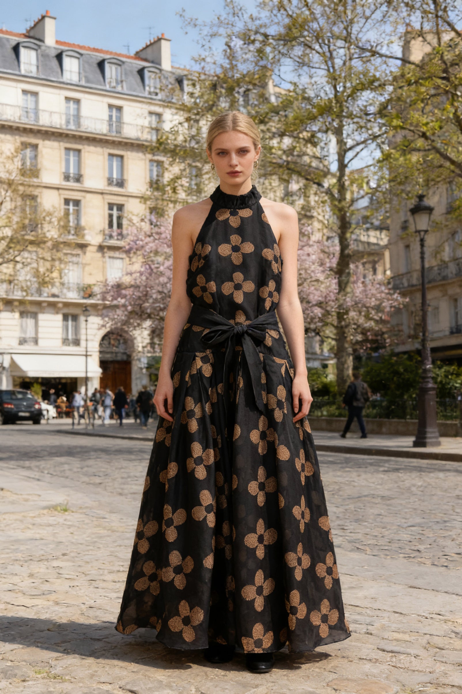 Q26 Bloom Halter Tie-Waist Long Dress