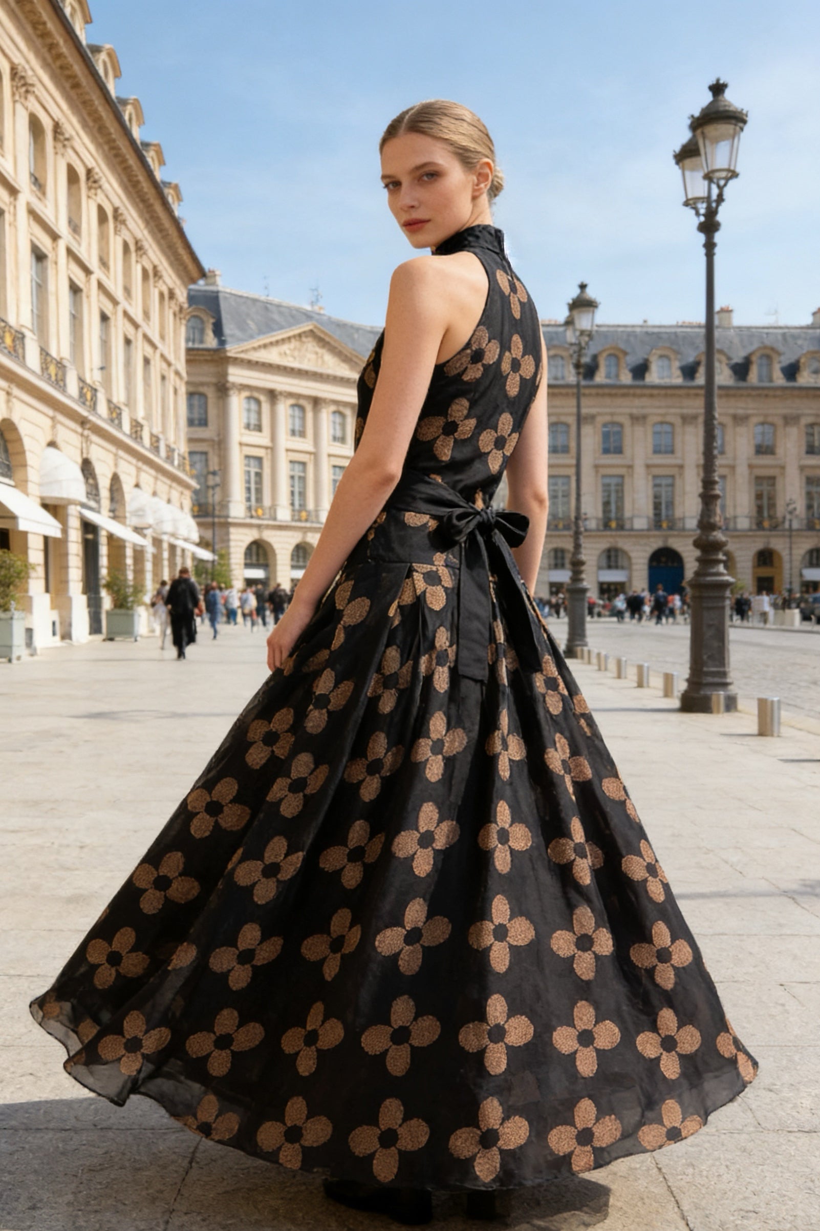 Q26 Bloom Halter Tie-Waist Long Dress