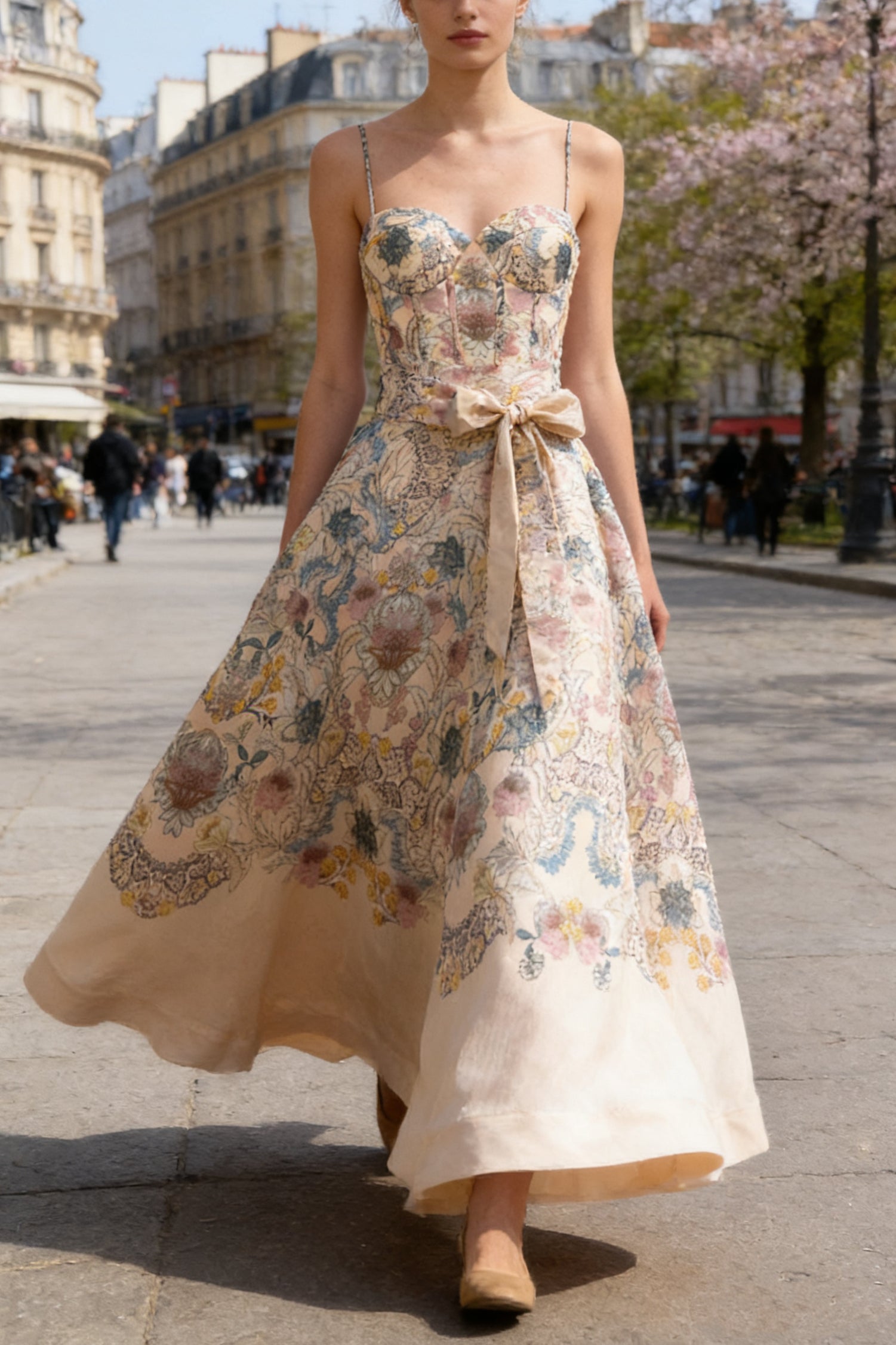 Q26 Floral Linen Long Dress with Belt