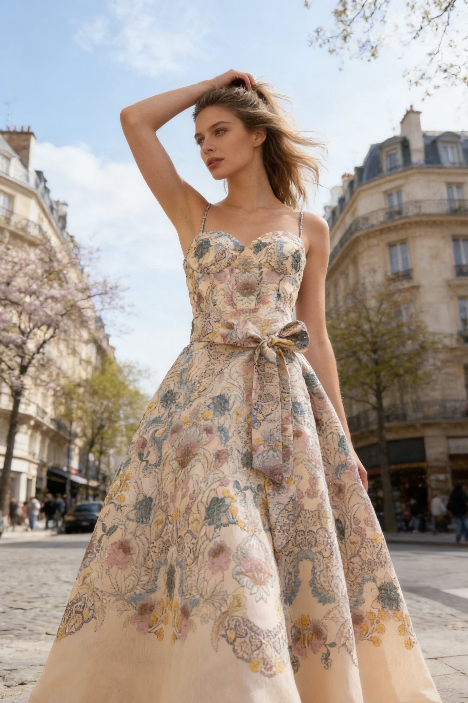 Q26 Floral Linen Long Dress with Belt
