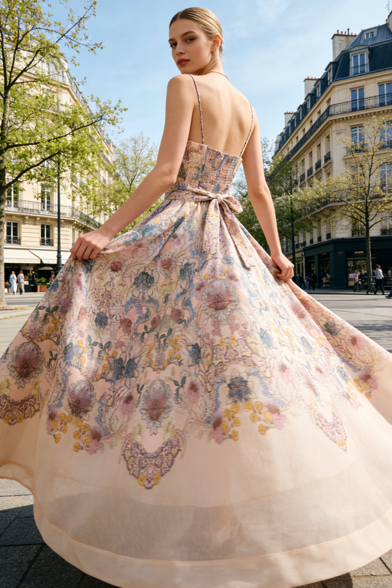 Q26 Floral Linen Long Dress with Belt