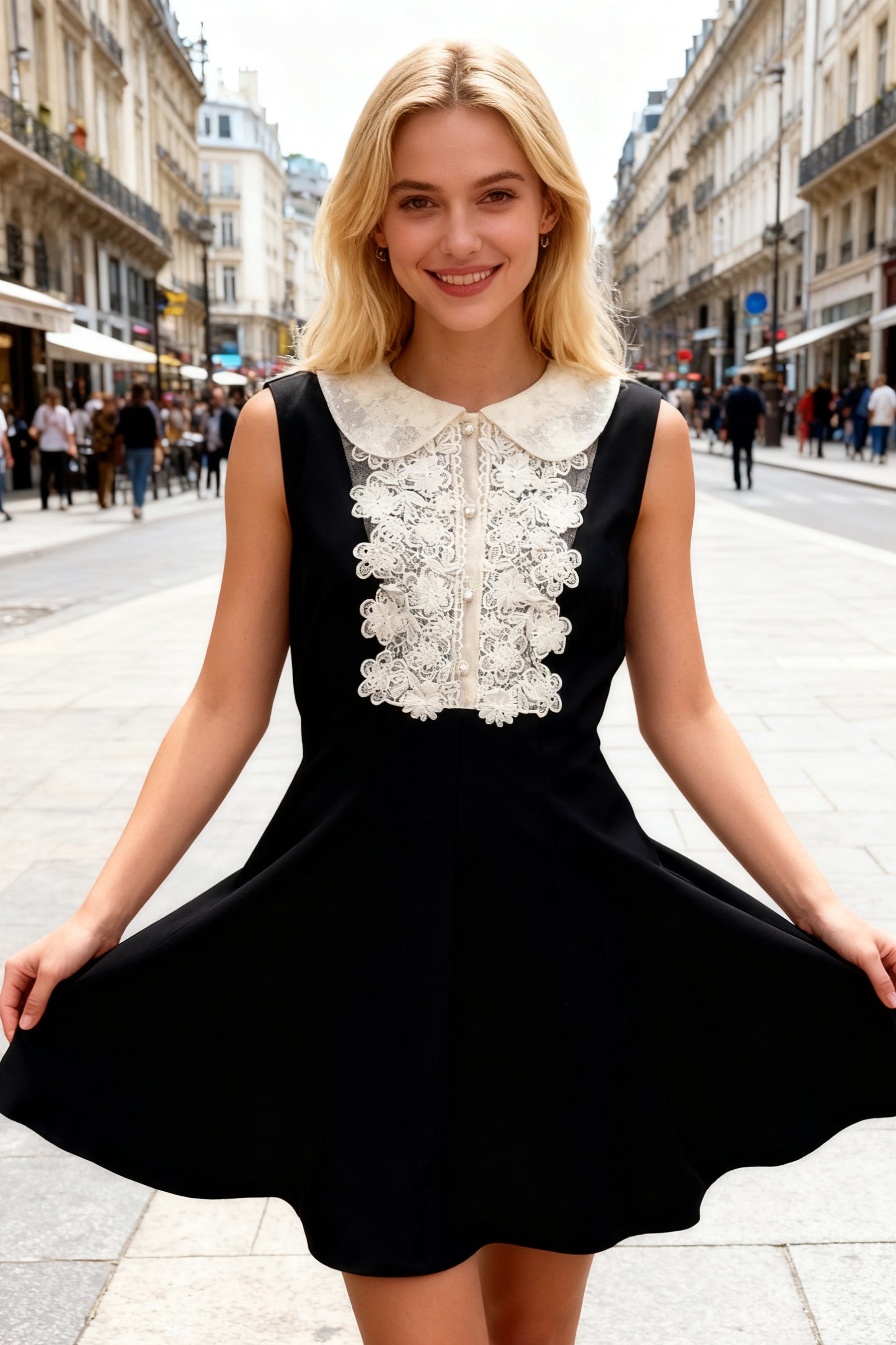 Q25 Satin Lace-Trim Babydoll Mini Dress