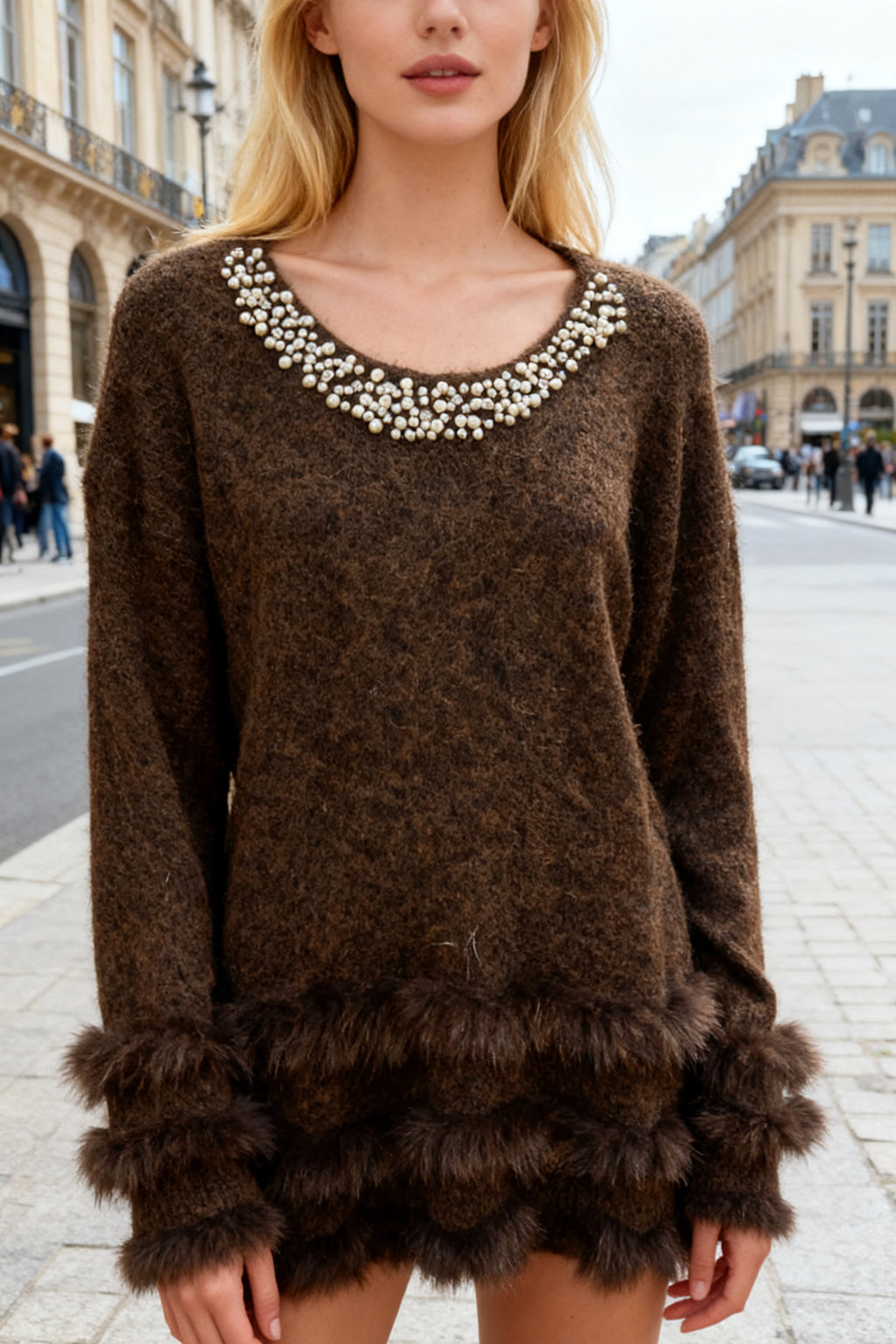 Q25 Pearl & Rhinestone Oversized Sweater Top