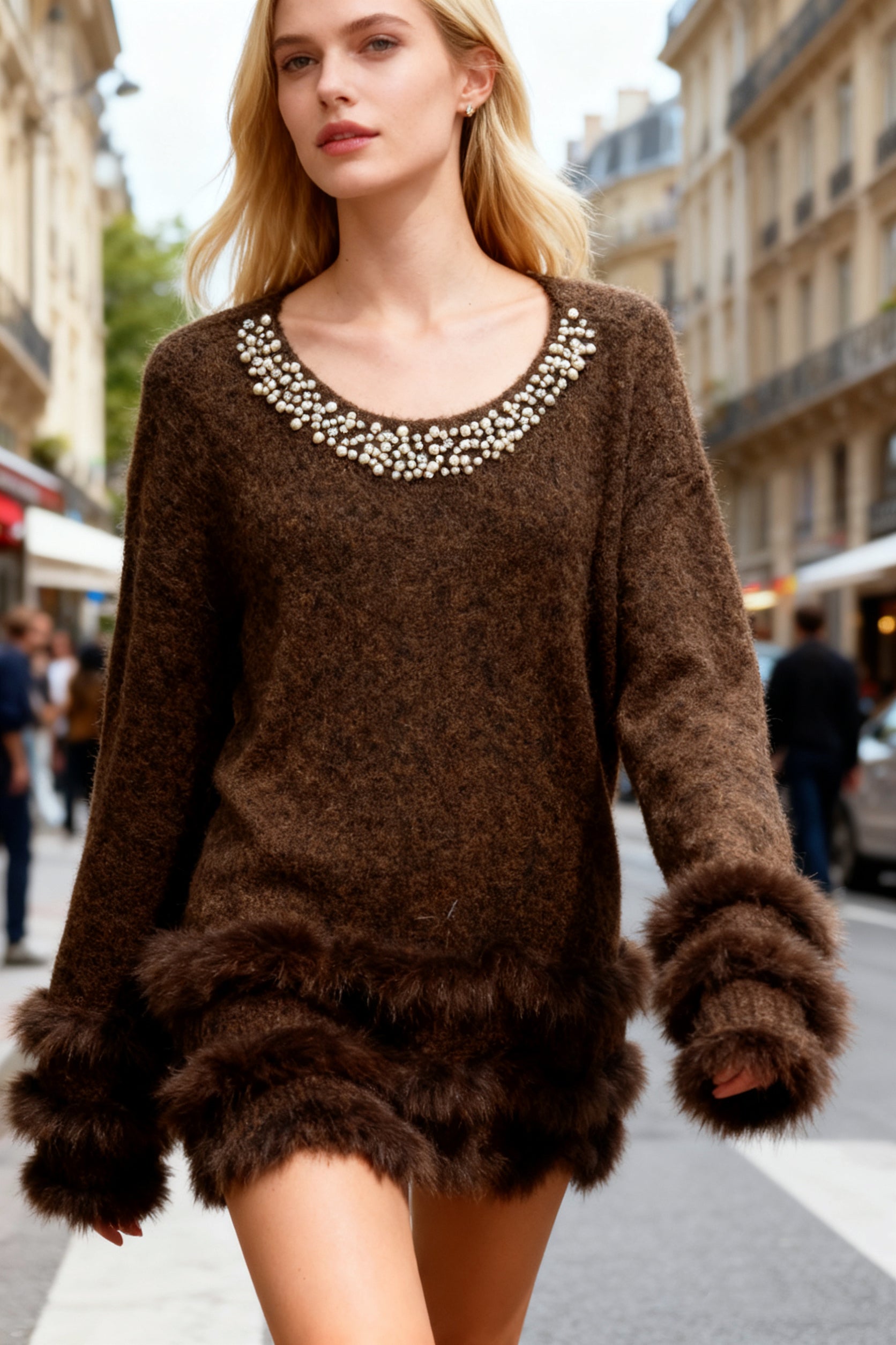 Q25 Pearl & Rhinestone Oversized Sweater Top