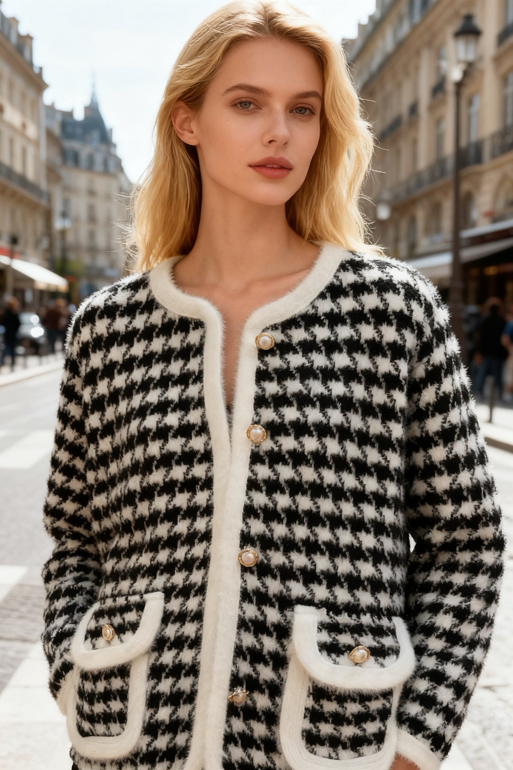 Q25 Houndstooth Pearl Button Cardigan Jacket