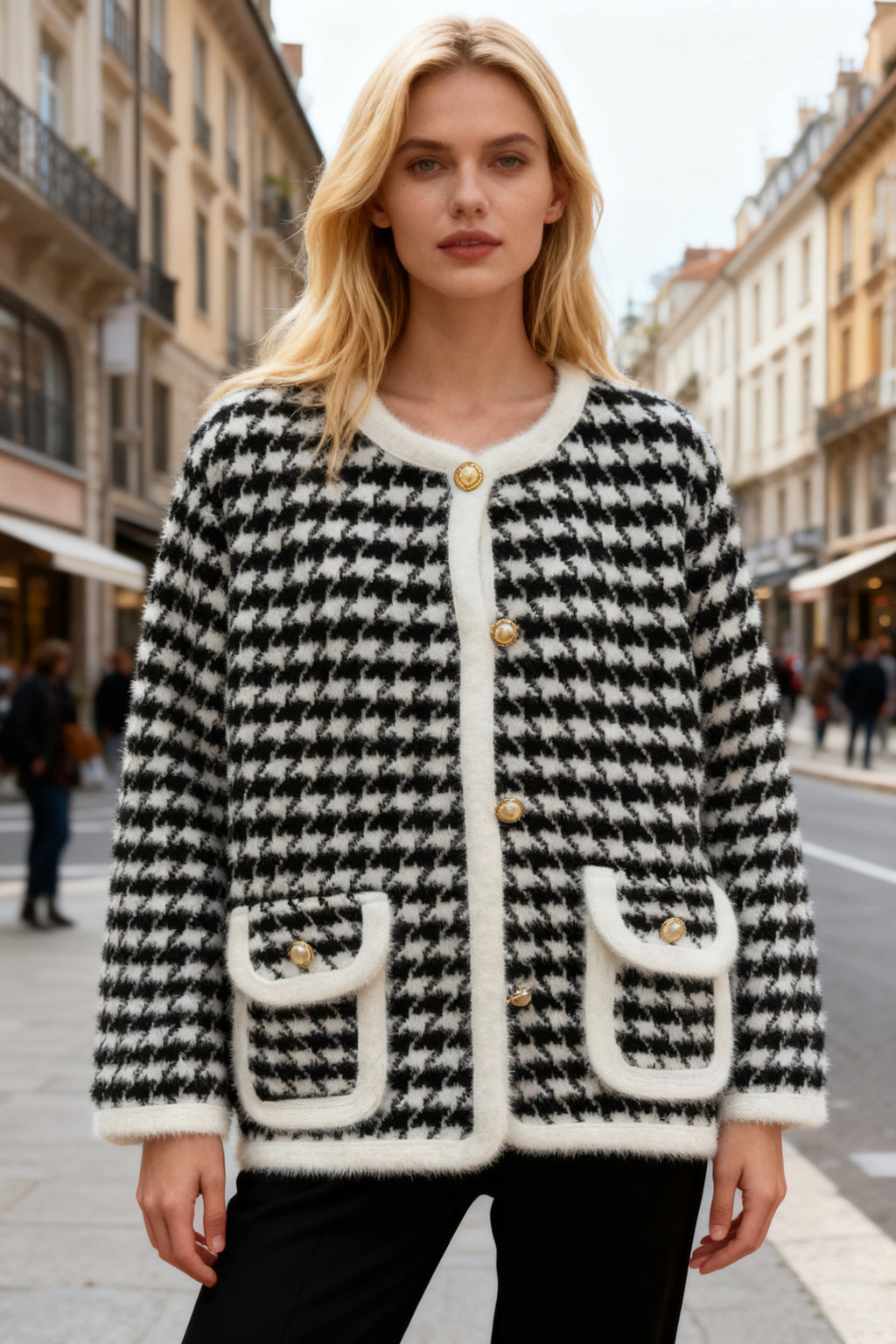 Q25 Houndstooth Pearl Button Cardigan Jacket