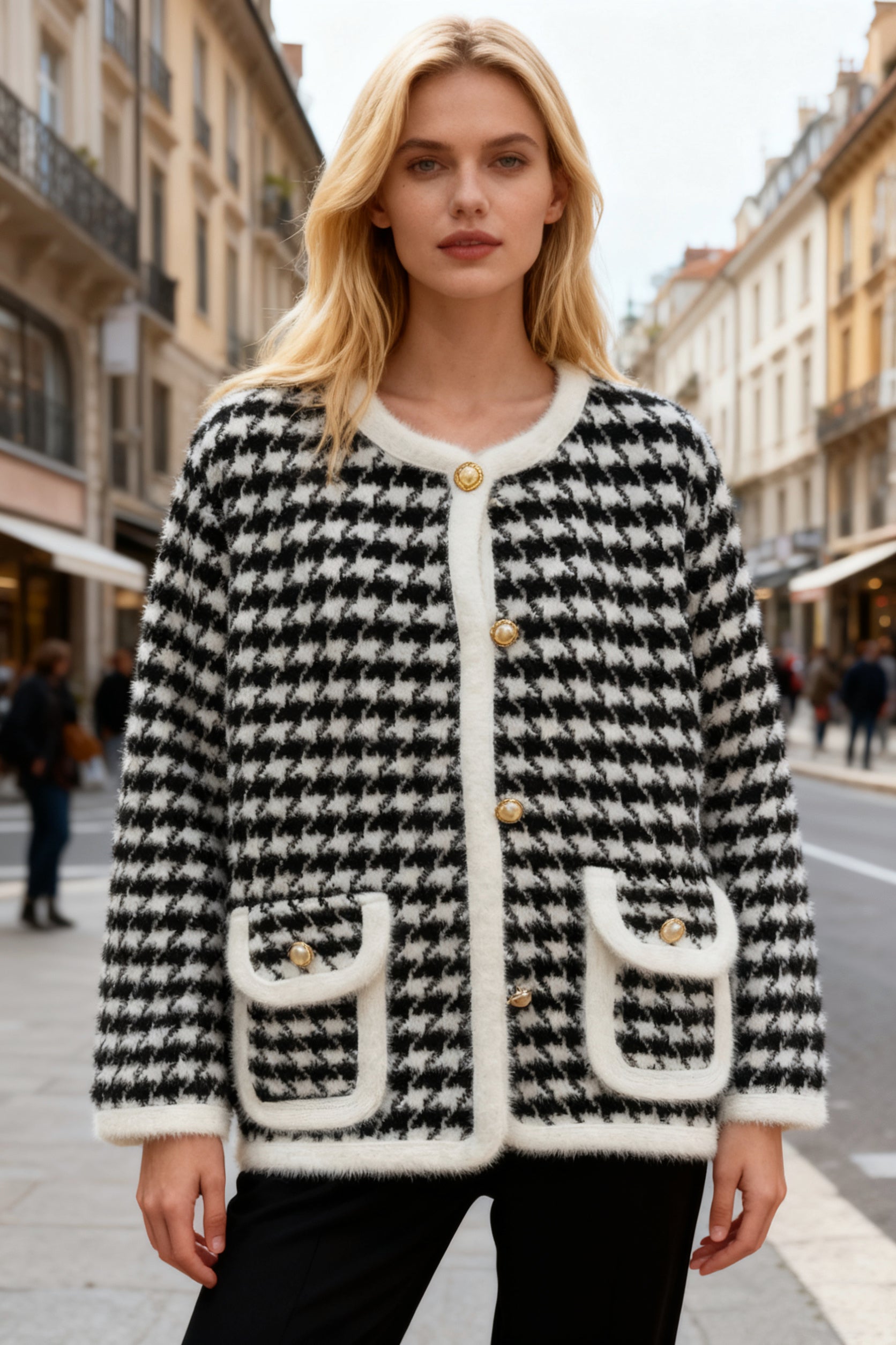 Q25 Houndstooth Pearl Button Cardigan Jacket