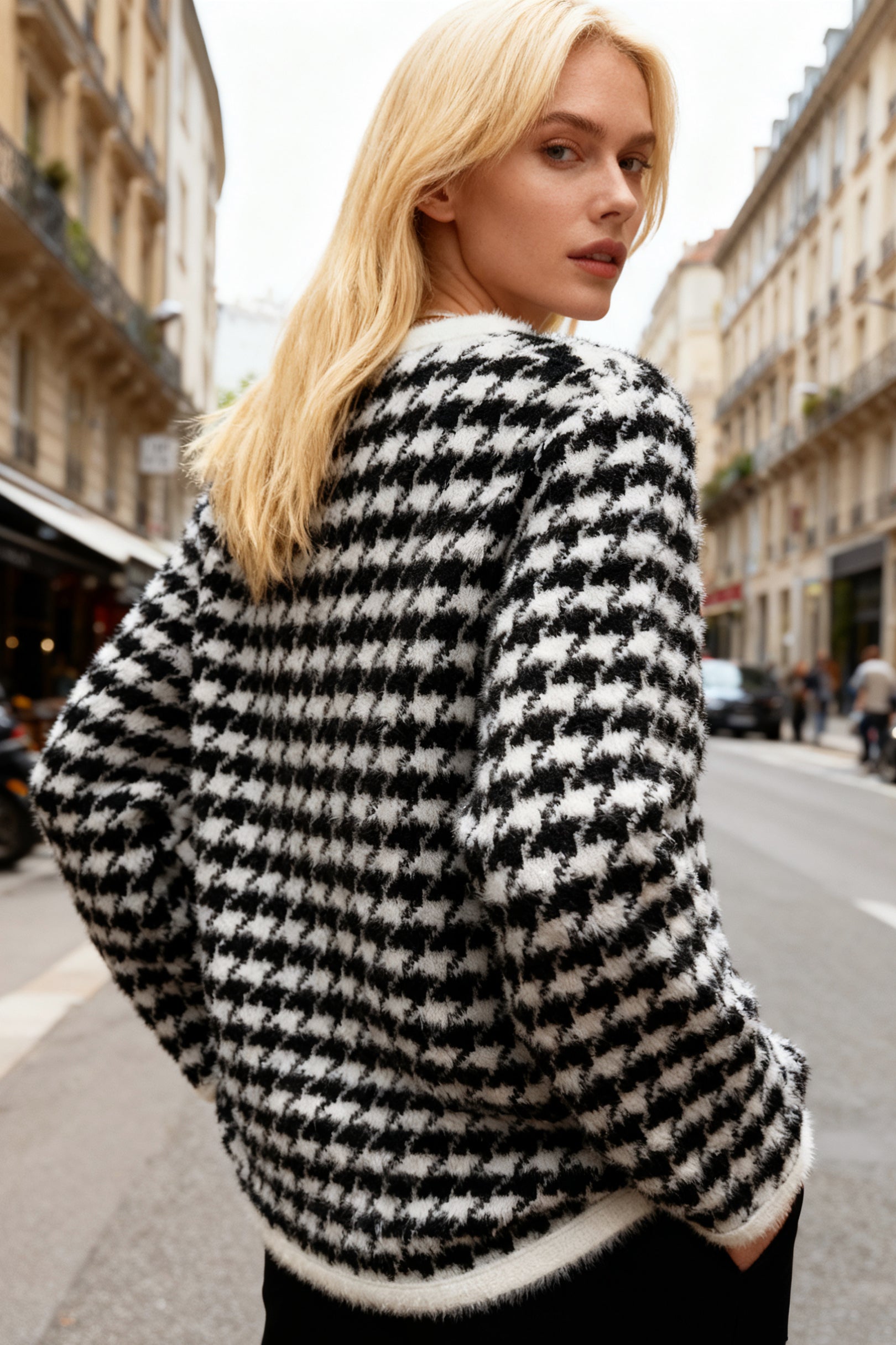 Q25 Houndstooth Pearl Button Cardigan Jacket