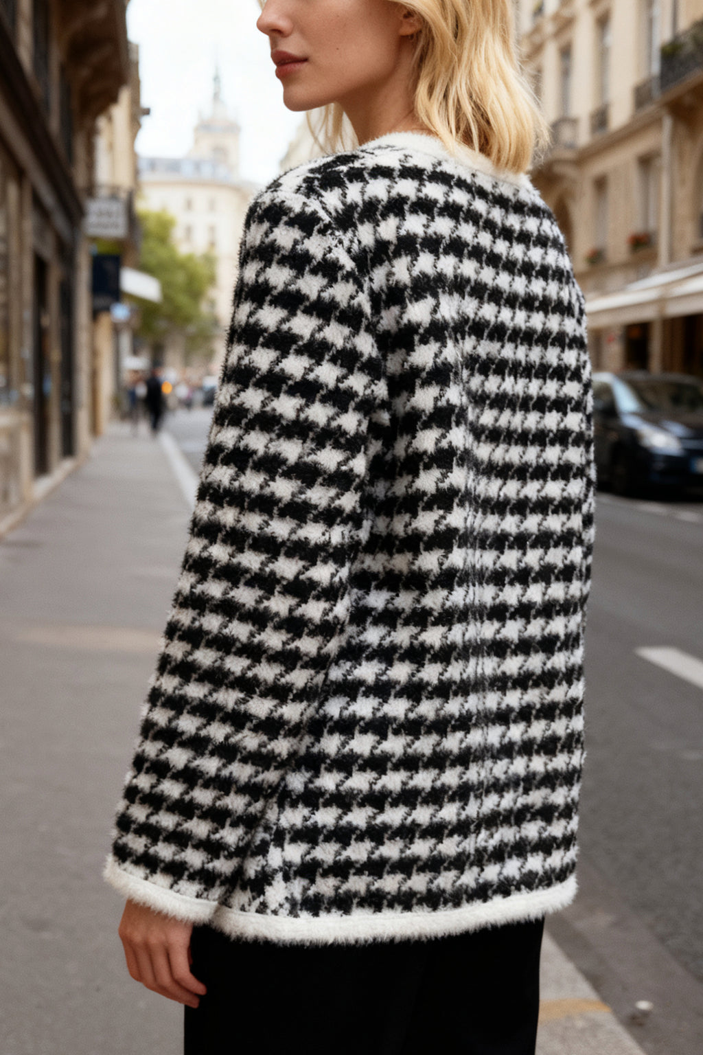 Q25 Houndstooth Pearl Button Cardigan Jacket