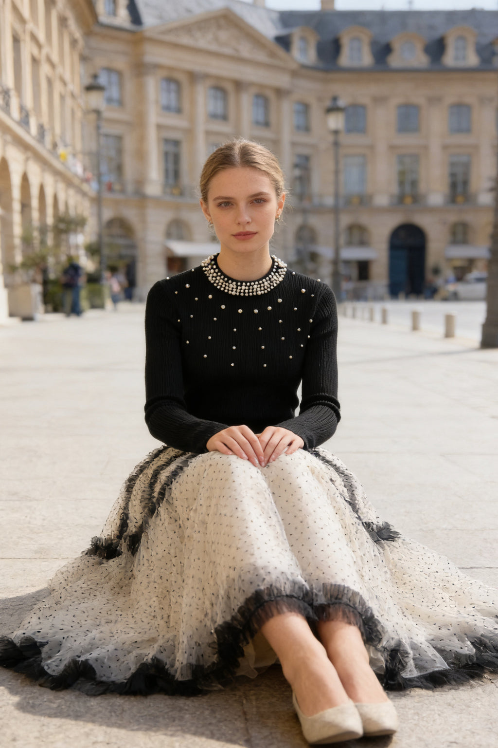 Q25 Puffy Polka Dot Lacy Long Skirt