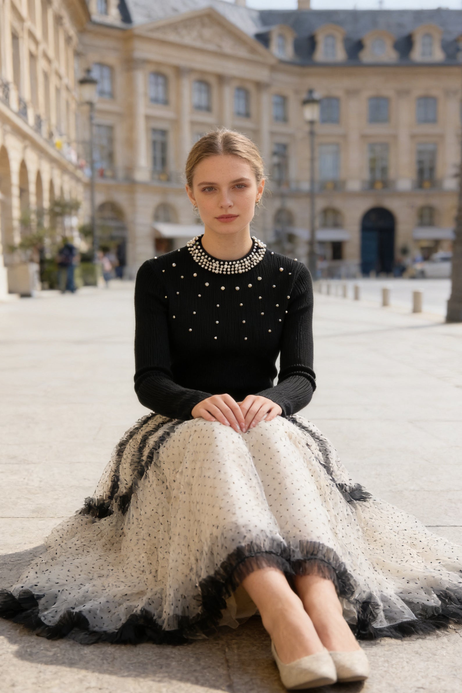 Q25 Puffy Polka Dot Lacy Long Skirt